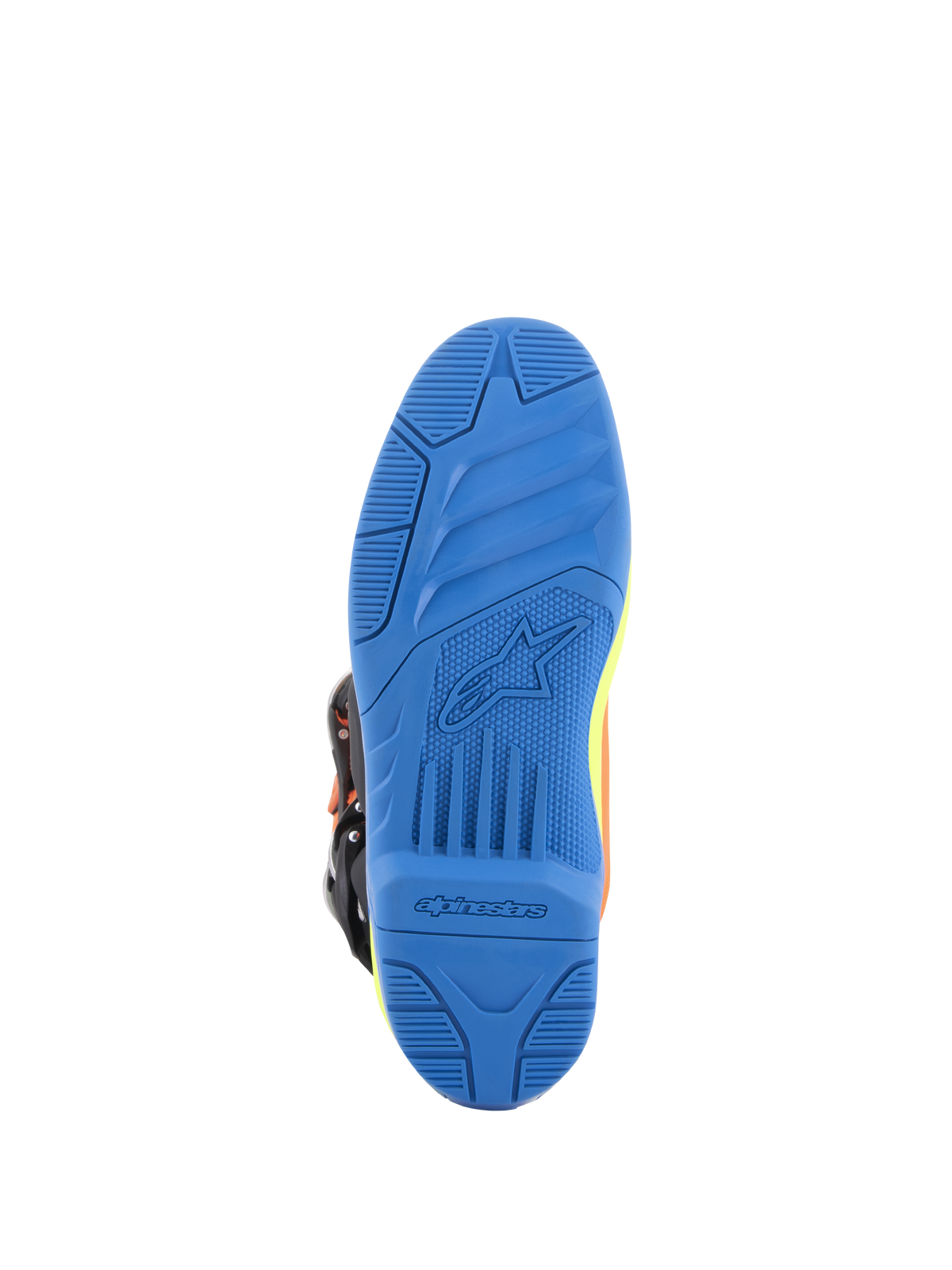 Alpinestars Tech 5 Boots, botas de motocross, naranja flúor, azul esmalte y amarillo flúor, vista inferior detallada de la suela azul de doble compuesto con agarre texturizado y marca Alpinestars