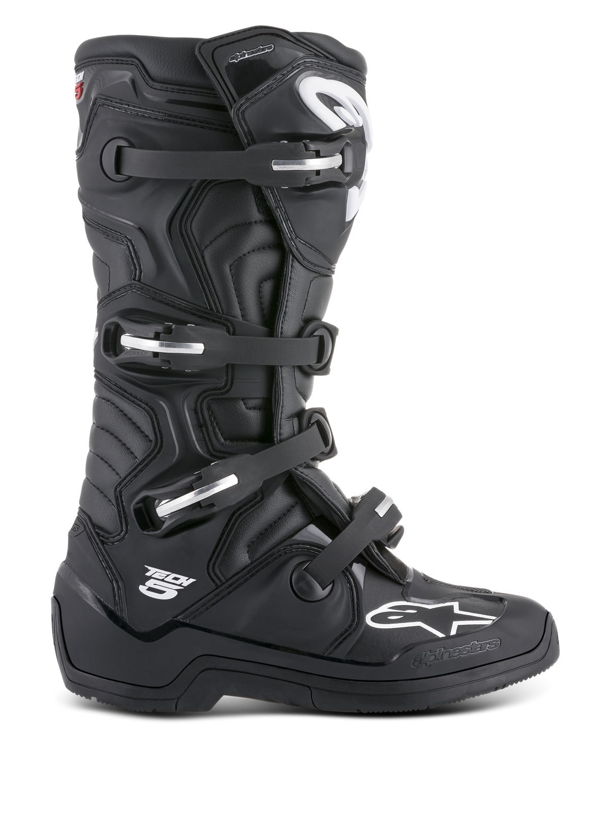 Alpinestars Tech 5 Boots, Black Motocross Boots, Unisex, Synthetic Microfiber and TPU, CE Certified, aluminum buckles.