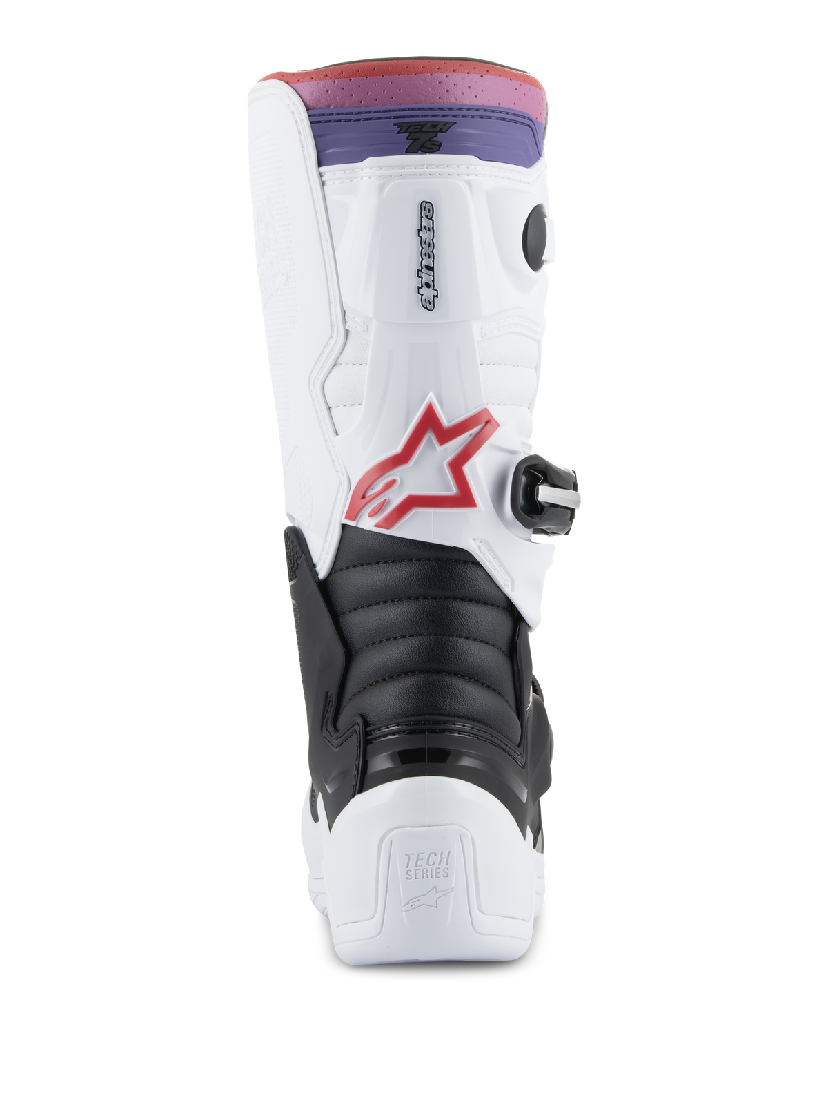 Alpinestars Youth Tech 7S Boots, Motocross Boots, White, Black, and Rainbow, rear view showing heel and calf protection, black accordion flex zone, red star logo, and a pink and purple gradient top band