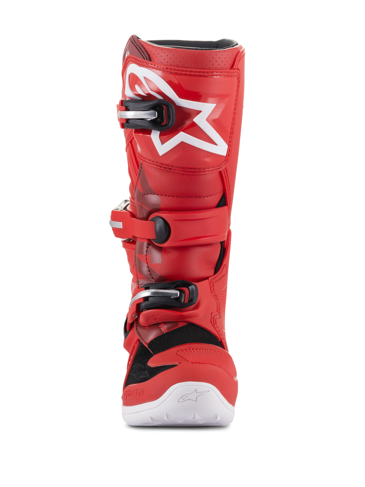 Botas Alpinestars Youth Tech 7S, botas de motocross para jóvenes, rojas, con logotipo de estrella blanca en la espinilla, sistema de hebillas en negro y plata, suela blanca, construcción duradera para conducción todoterreno, vista frontal