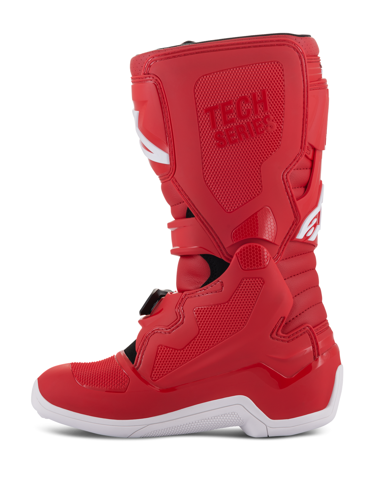 Botas Alpinestars Youth Tech 7S, botas de motocross para jóvenes, color rojo con suela blanca, paneles reforzados de TPU, múltiples cierres de hebilla y marca 'TECH SERIES', diseñadas para pilotos junior de off-road