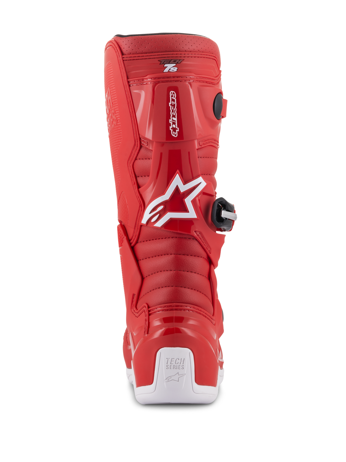 Botas Alpinestars Youth Tech 7S, botas de motocross rojas, vista trasera con logotipo de Alpinestars en blanco y protector de talón, zonas de flexión acanaladas, construcción protectora de TPU para carreras todoterreno juveniles