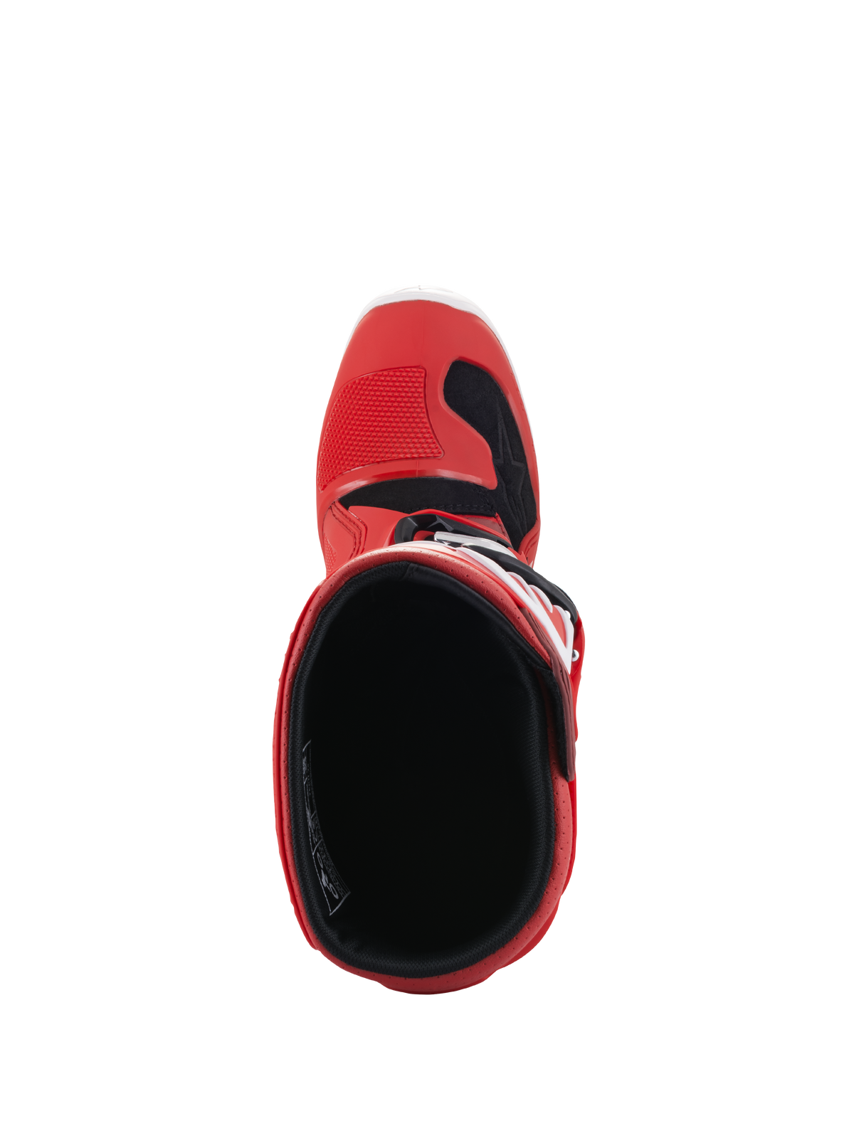 Botas Alpinestars Youth Tech 7S, botas de motocross, rojas, vista superior que muestra el forro interior y la apertura, carcasa exterior roja con detalles en blanco y negro, diseñadas para pilotos junior de off-road