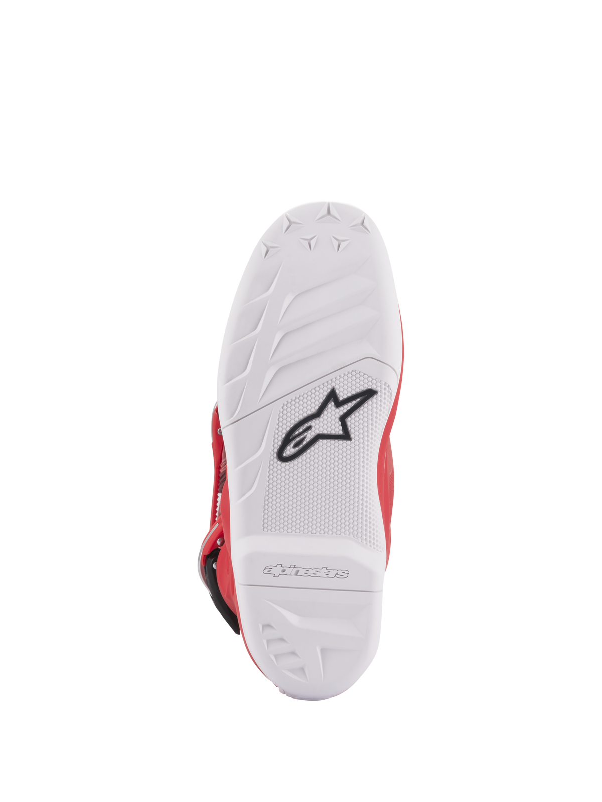 Botas Alpinestars Youth Tech 7S, vista de la suela, suela de compuesto blanco con logotipo de estrella negro, patrón de goma de alto agarre para una durabilidad y tacto superiores, marca Alpinestars grabada en relieve en el talón