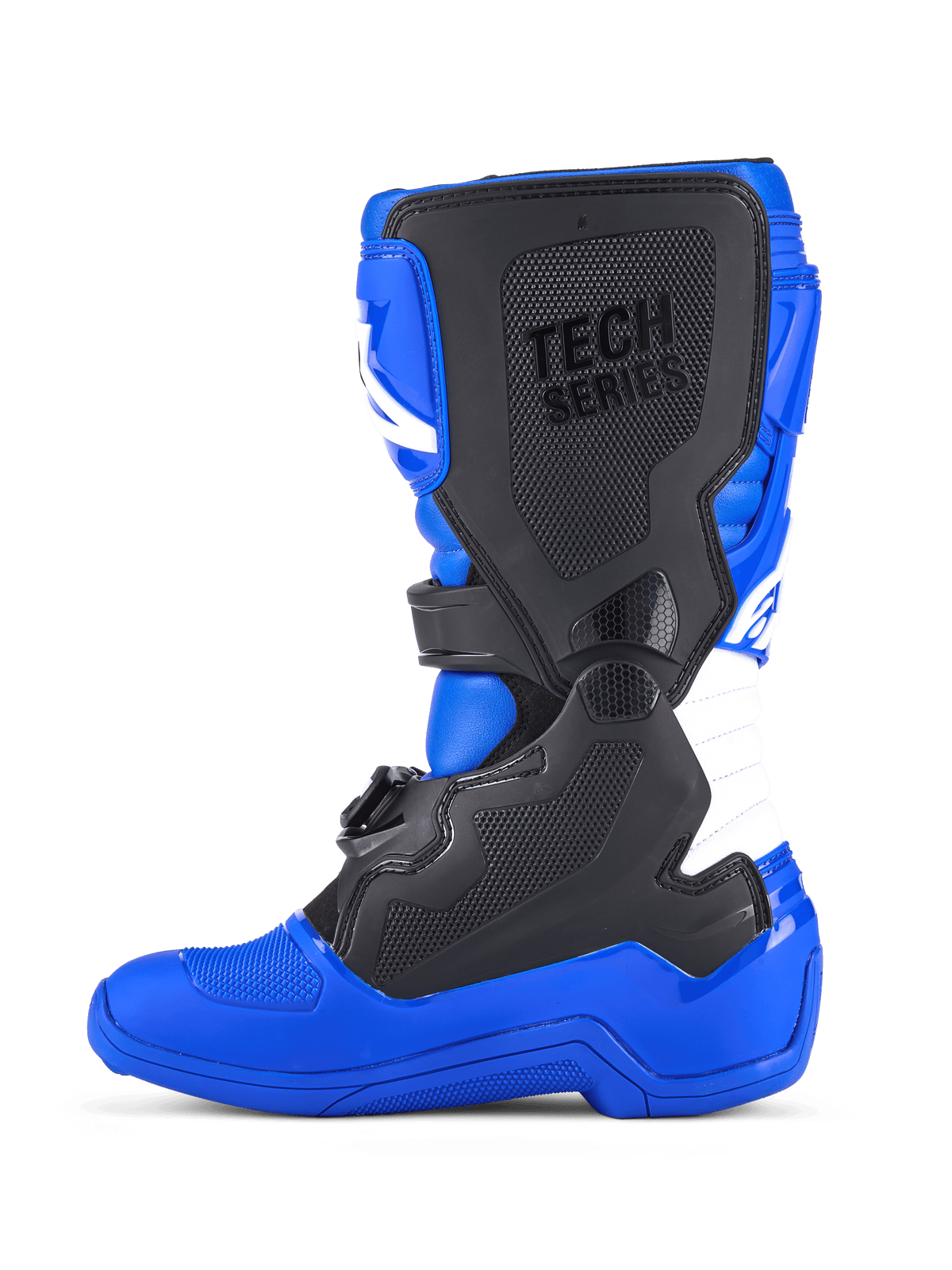 Alpinestars Youth Tech 7 S Boots, Motocross Boots, Blue Black and White, lateral side view showing black protective TPU panels, 'TECH SERIES' branding on the shin plate, white accordion flex zone, and a durable blue sole designed for off-road racing.