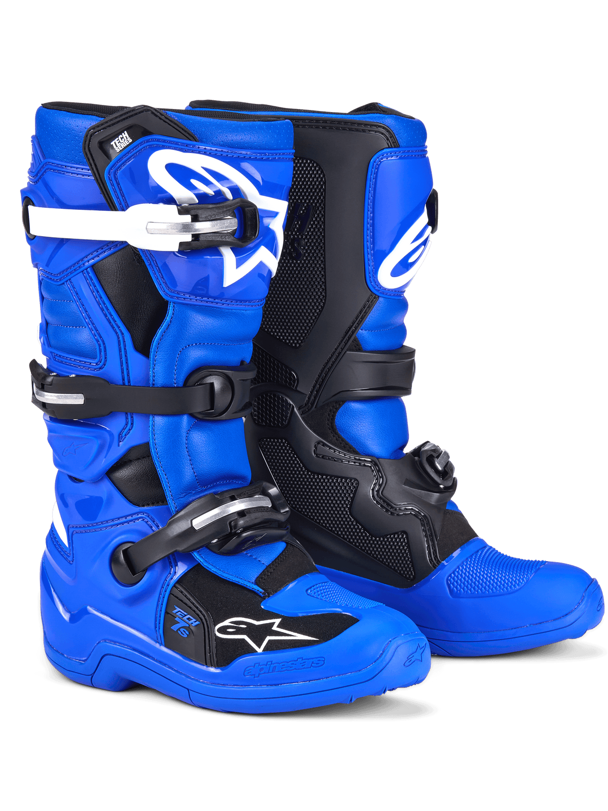 Alpinestars Youth Tech 7 S Boots, Motocross Boots, Blue Black and White, featuring a vibrant blue upper with black protective panels and white buckle accents, multi-strap closure system, durable racing spec design for off-road riding