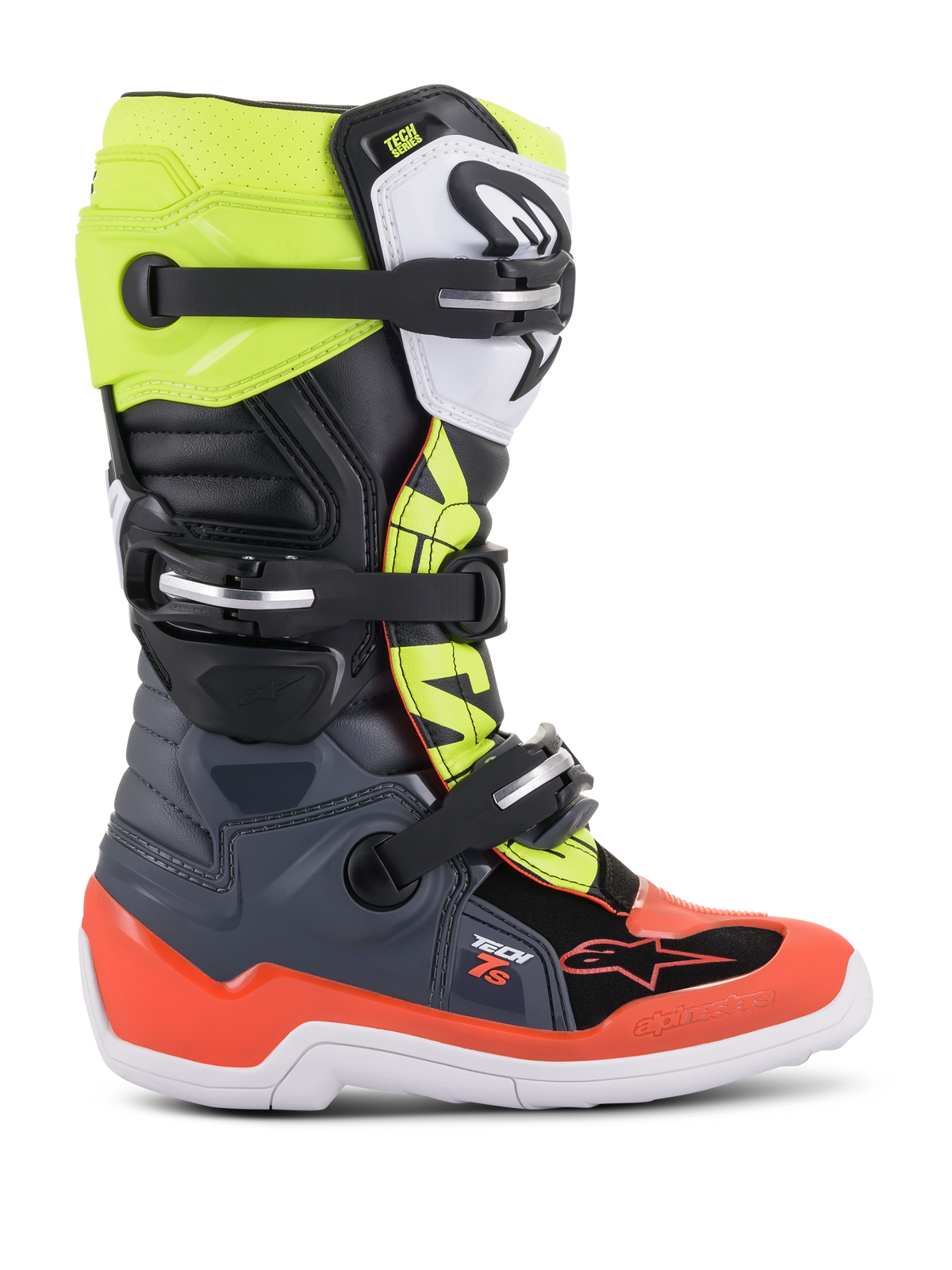 Alpinestars Youth Tech 7S Boots, Motocross Off-Road Boots, Dark Gray, Fluorescent Red and Fluorescent Yellow, featuring white sole and multiple buckle closures, rugged construction for junior riders