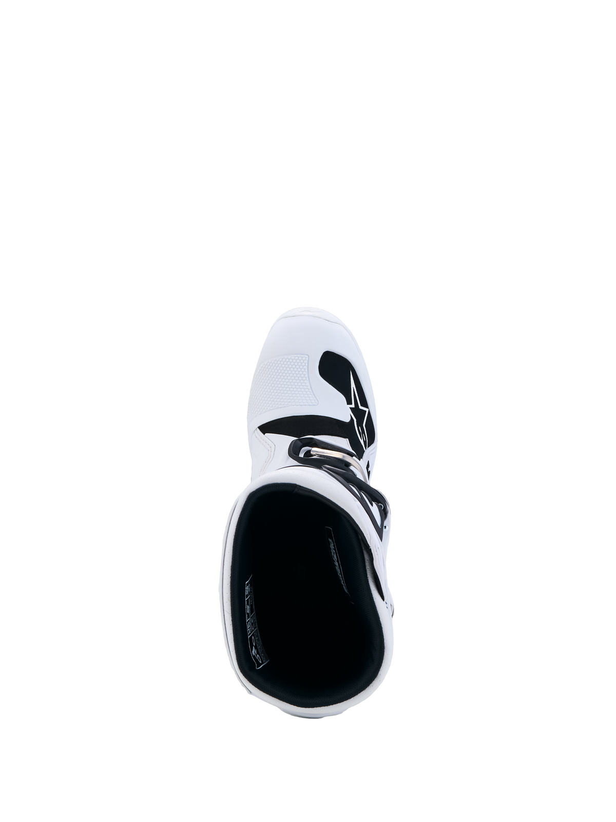Alpinestars Botas Juvenil Tech 7S, botas de motocross blancas y negras, vista superior con interior acolchado y placa de TPU blanca.