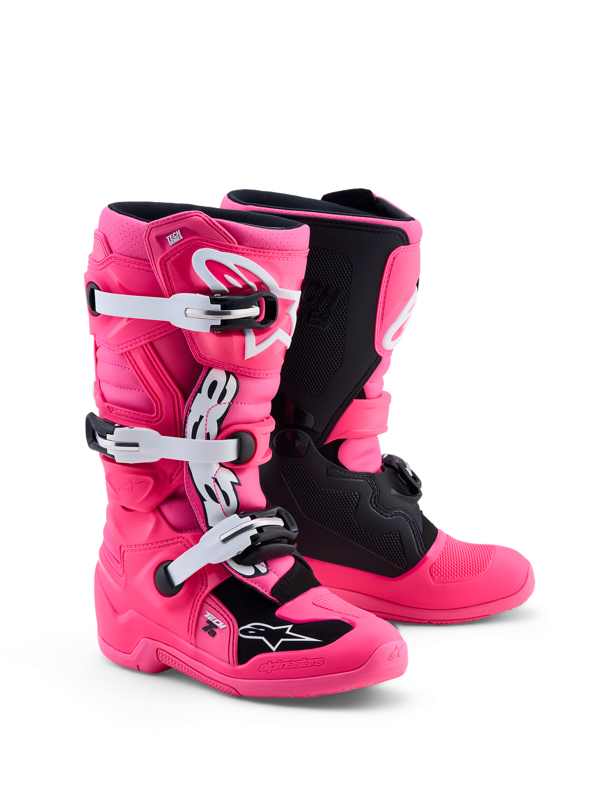 Alpinestars Tech 7S, botas de motocross juvenil, rosa flúor, negro y blanco, protección de TPU y certificación CE