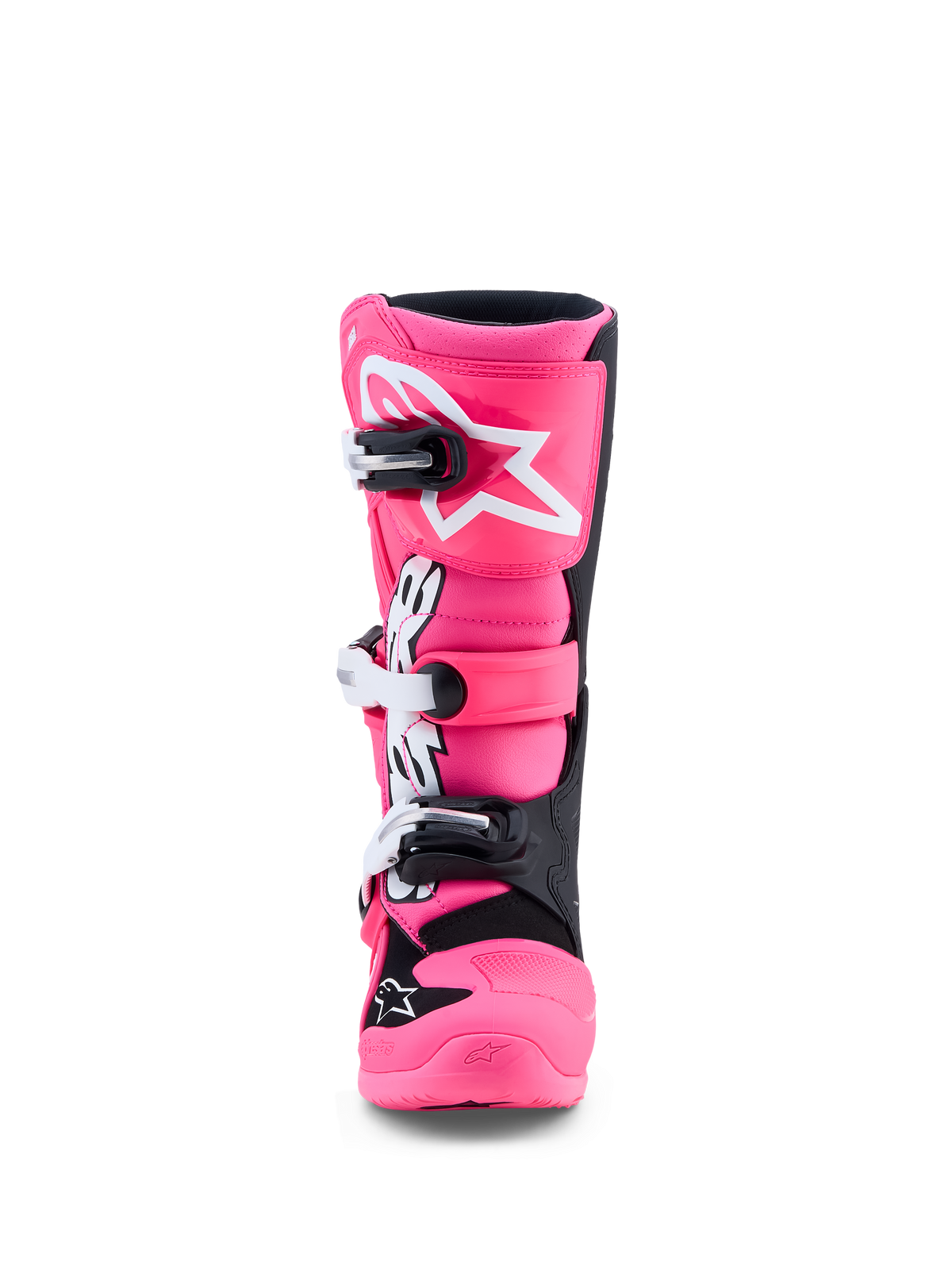Alpinestars botas Tech 7S Juvenil de motocross, rosa flúor y negras, con protección de TPU y hebillas de cierre rápido.
