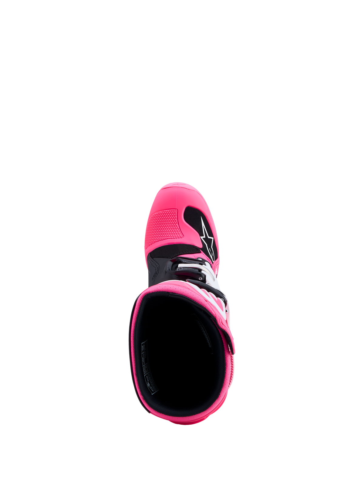Alpinestars botas Tech 7S Juvenil de motocross, rosa flúor y negras, vista superior del interior con protección de TPU