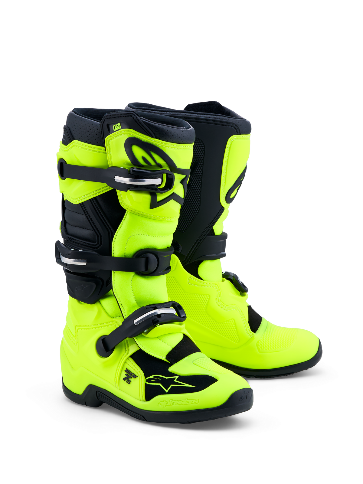 Alpinestars Tech 7S Juvenil, botas de motocross en amarillo flúor y negro con protección TPU y sistema de pivote.