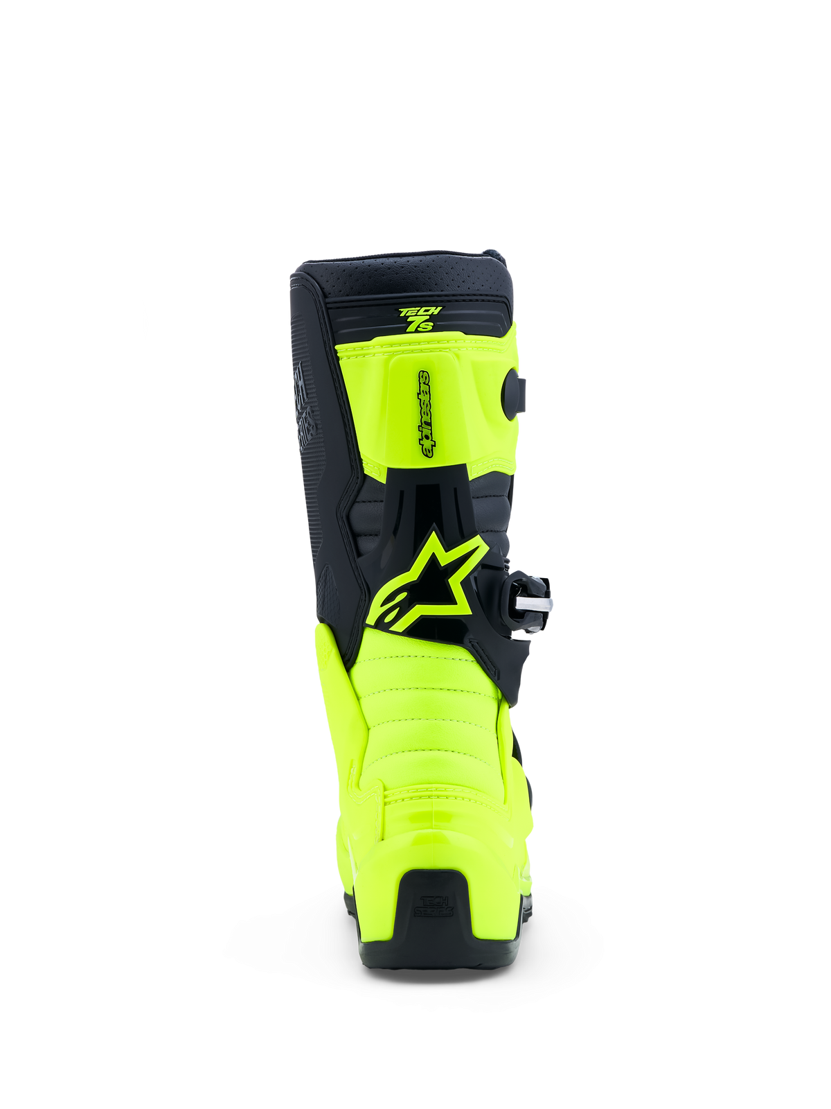 Alpinestars botas Tech 7S juvenil para motocross, amarillas fluo y negras, vista trasera con paneles de TPU y logo Astar