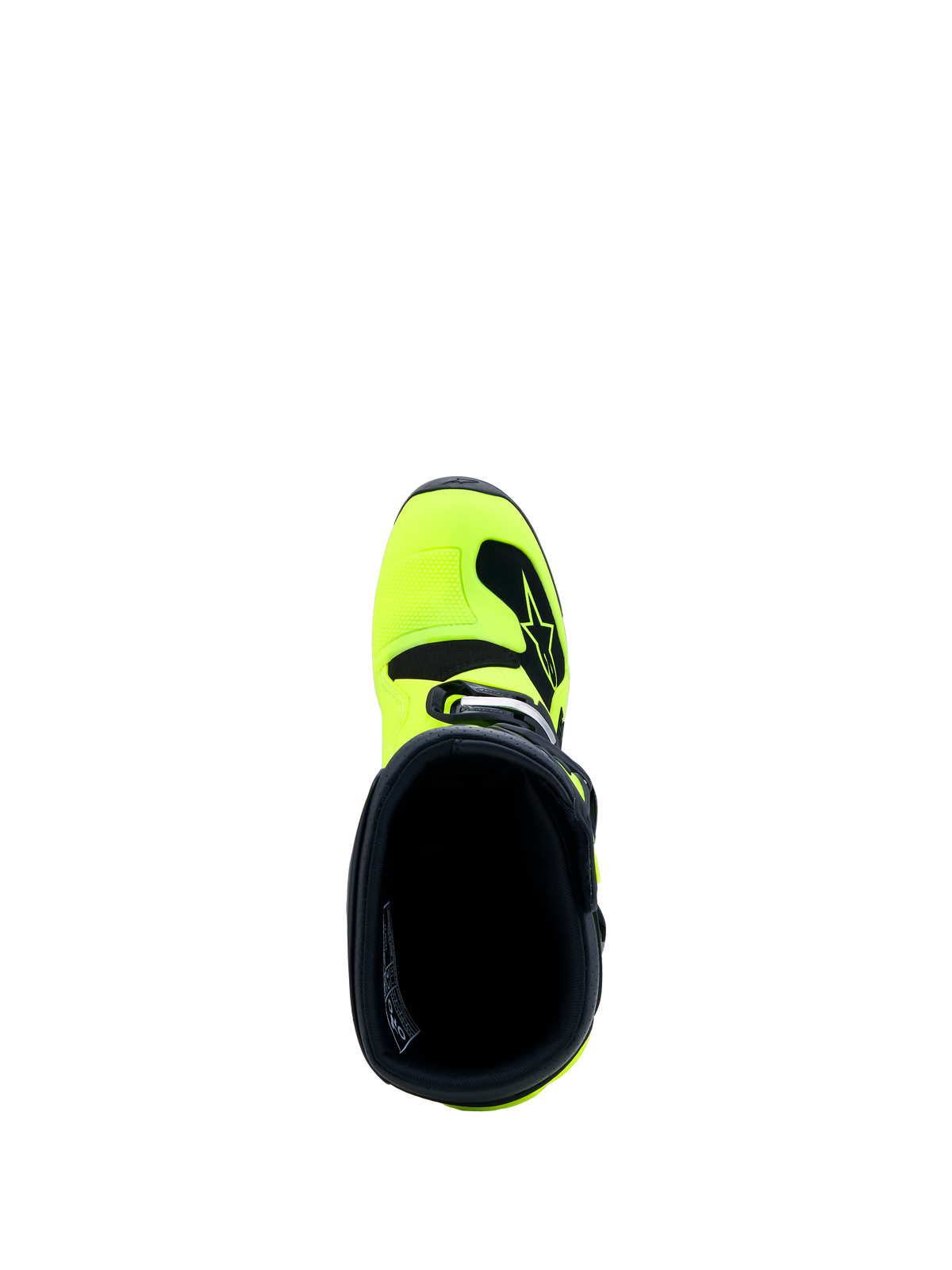 Alpinestars Tech 7S Juvenil, botas de motocross amarillas flúor y negras, vista superior del cuello interno y la puntera