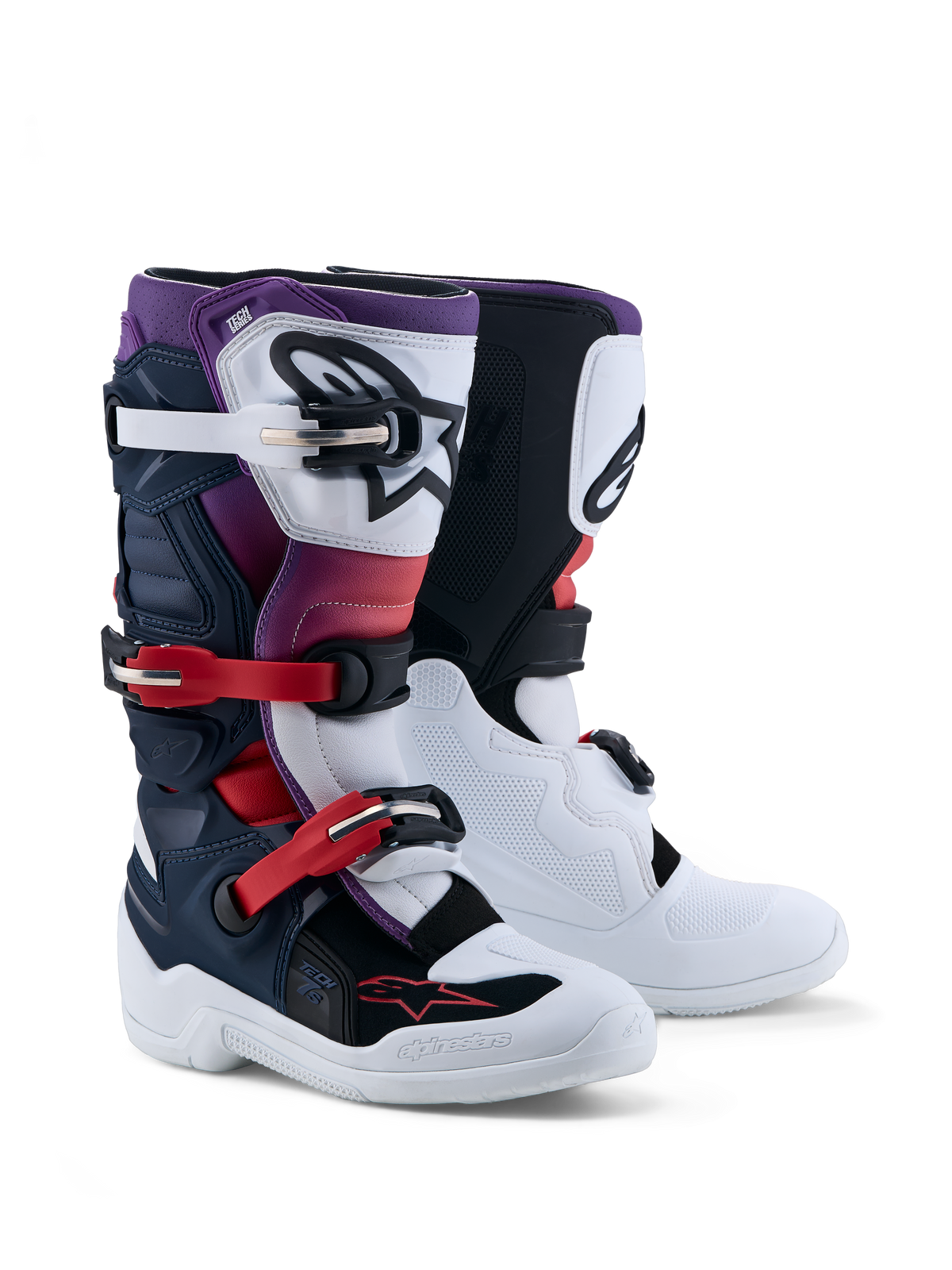 Alpinestars Tech 7S Juvenil, botas de motocross blancas y azules para jóvenes, protección TPU y certificación CE.