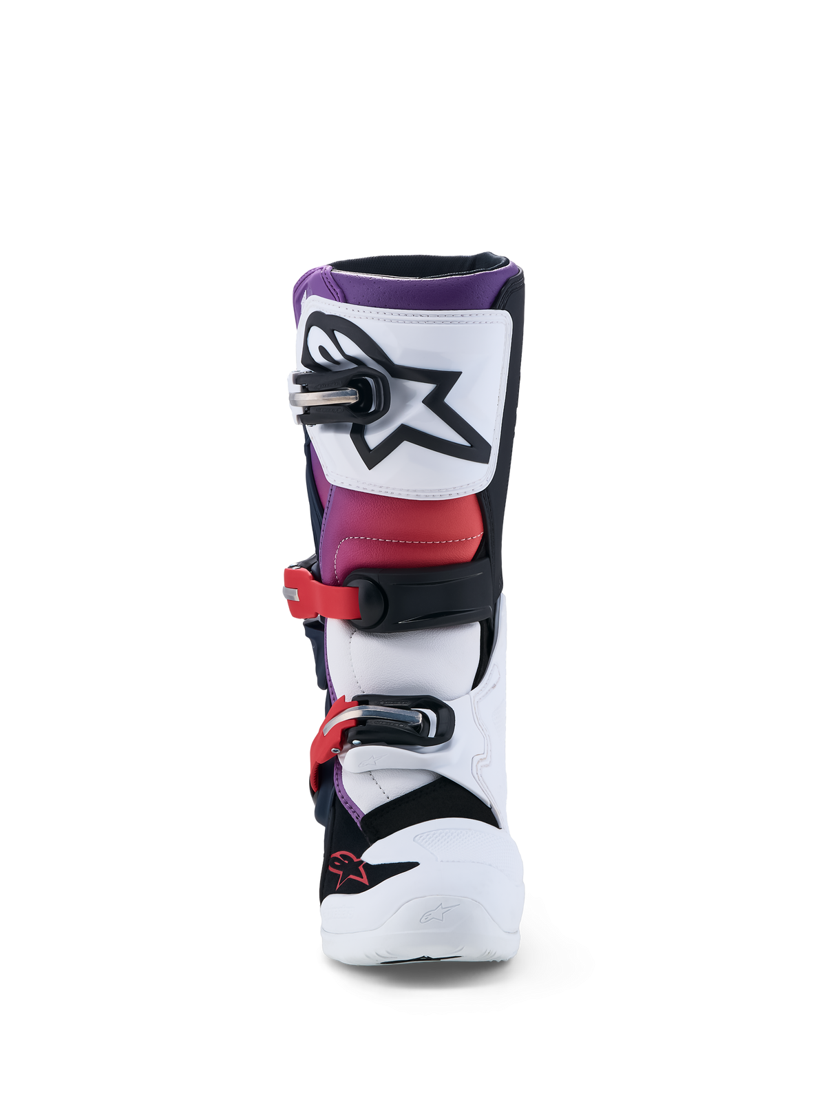 Alpinestars botas Tech 7S juvenil, botas de motocross blancas, moradas y rojas, con protección de TPU y cierre de hebillas.