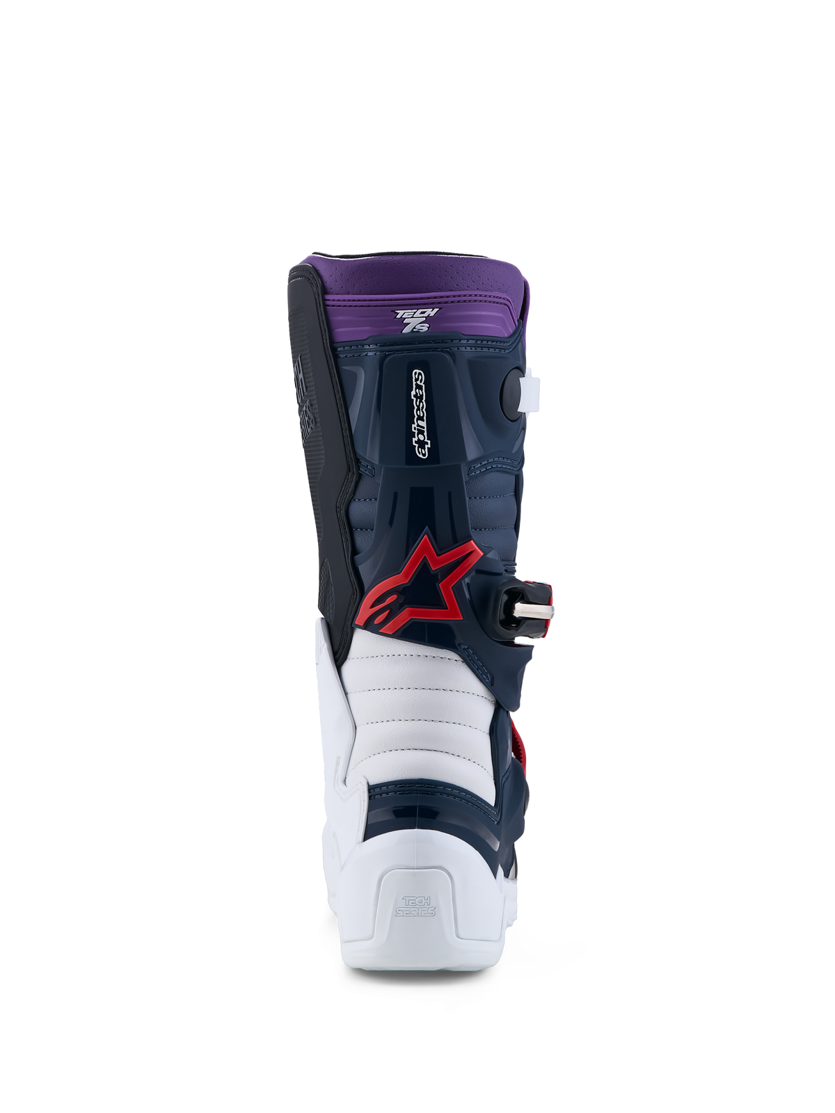 Alpinestars Tech 7S Juvenil, botas de motocross para pilotos junior, azul oscuro, blanco y morado con detalles rojos, certificadas CE