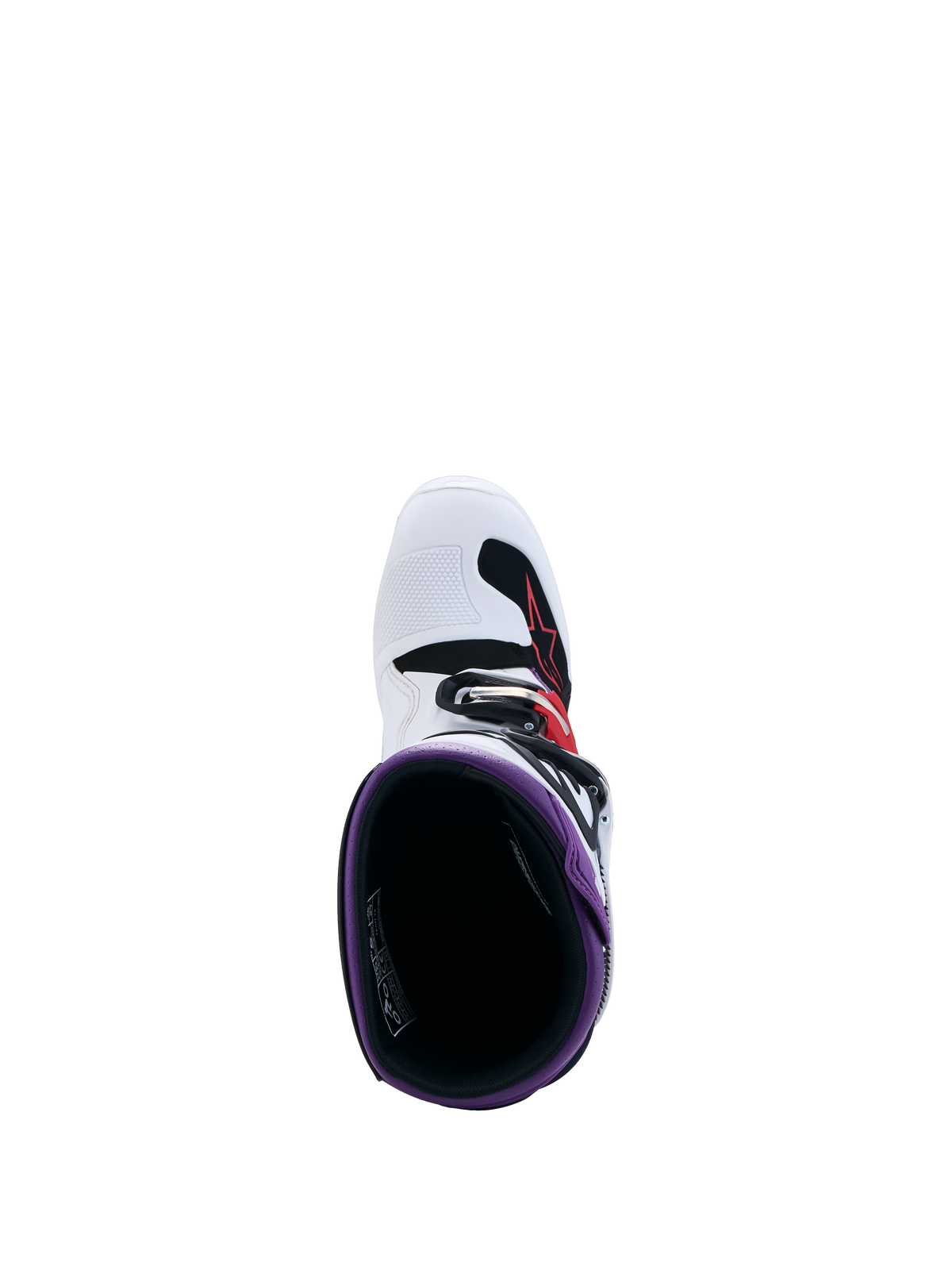 Alpinestars Botas Tech 7S Juvenil, calzado de motocross blanco y azul, vista interior desde arriba.
