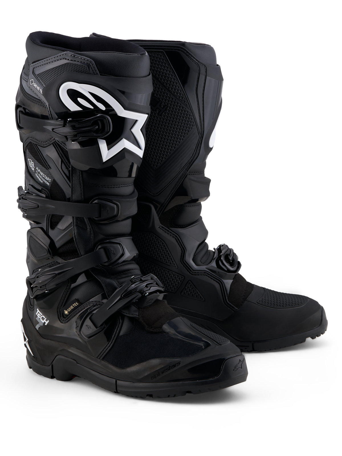 Alpinestars Tech 7 Enduro Gore-Tex Boots, waterproof black and gray off-road motorcycle boots featuring protective TPU armor.
