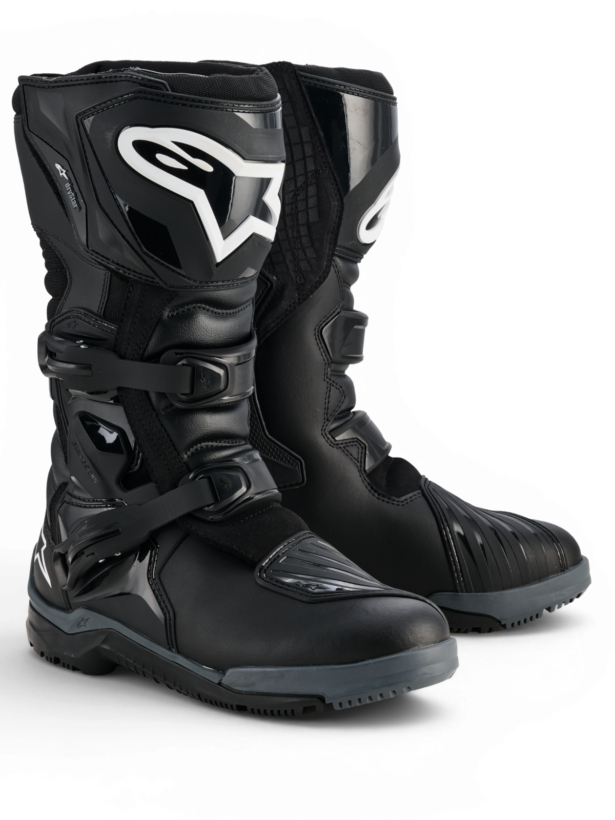 Alpinestars Corozal V2 Adventure Drystar® Boots, black waterproof adventure motorcycle boots with protective TPU shin plates, lateral ankle protection, adjustable buckles and rugged all-terrain soles, product pair shown.