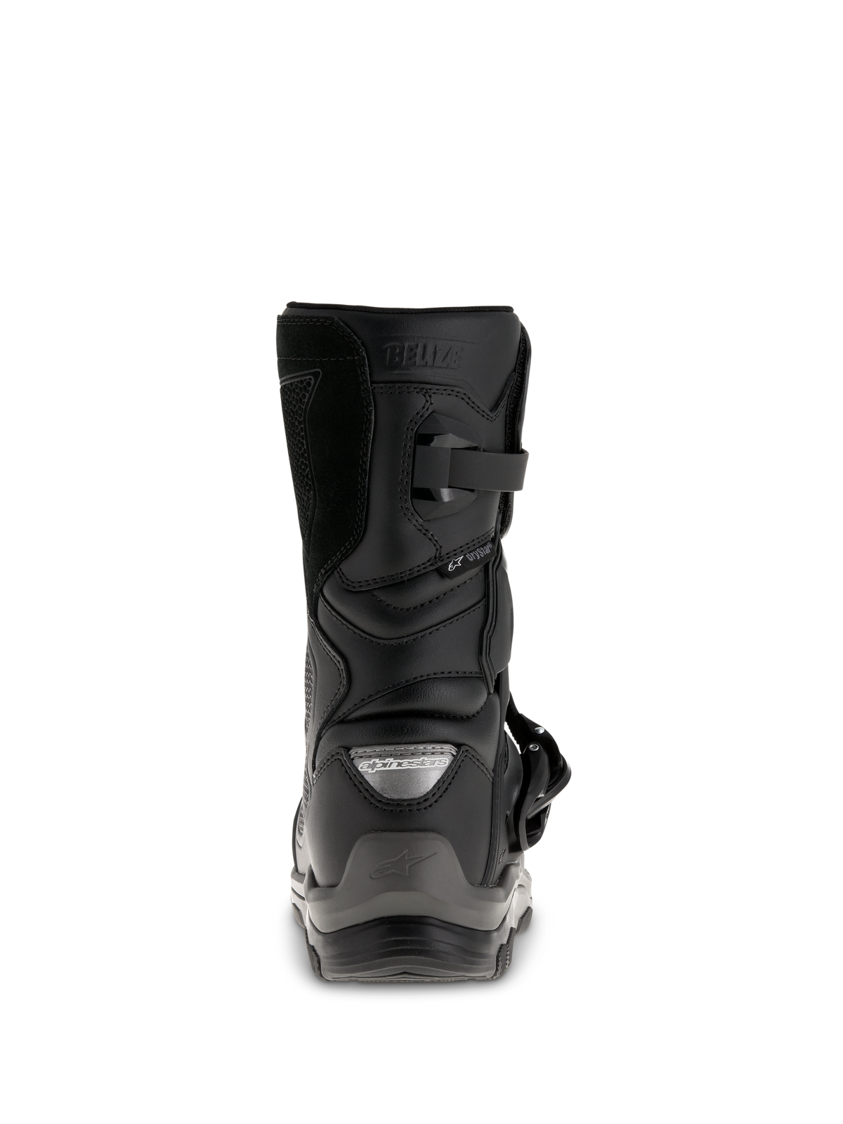Botas Alpinestars Belize Drystar®, botas de moto adventure touring negras, vista trasera que muestra el contrafuerte del talón, el cierre de hebilla y el logotipo Drystar® impermeable.