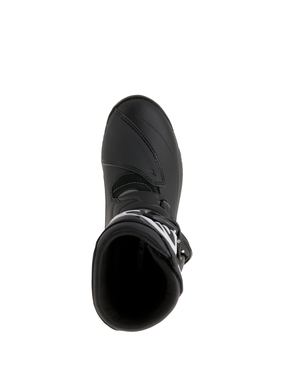 Botas Alpinestars Belize Drystar®, botas de moto para turismo de aventura, color negro, vista superior que muestra la apertura de entrada y el protector de cambios reforzado, construcción en cuero impermeable y microfibra
