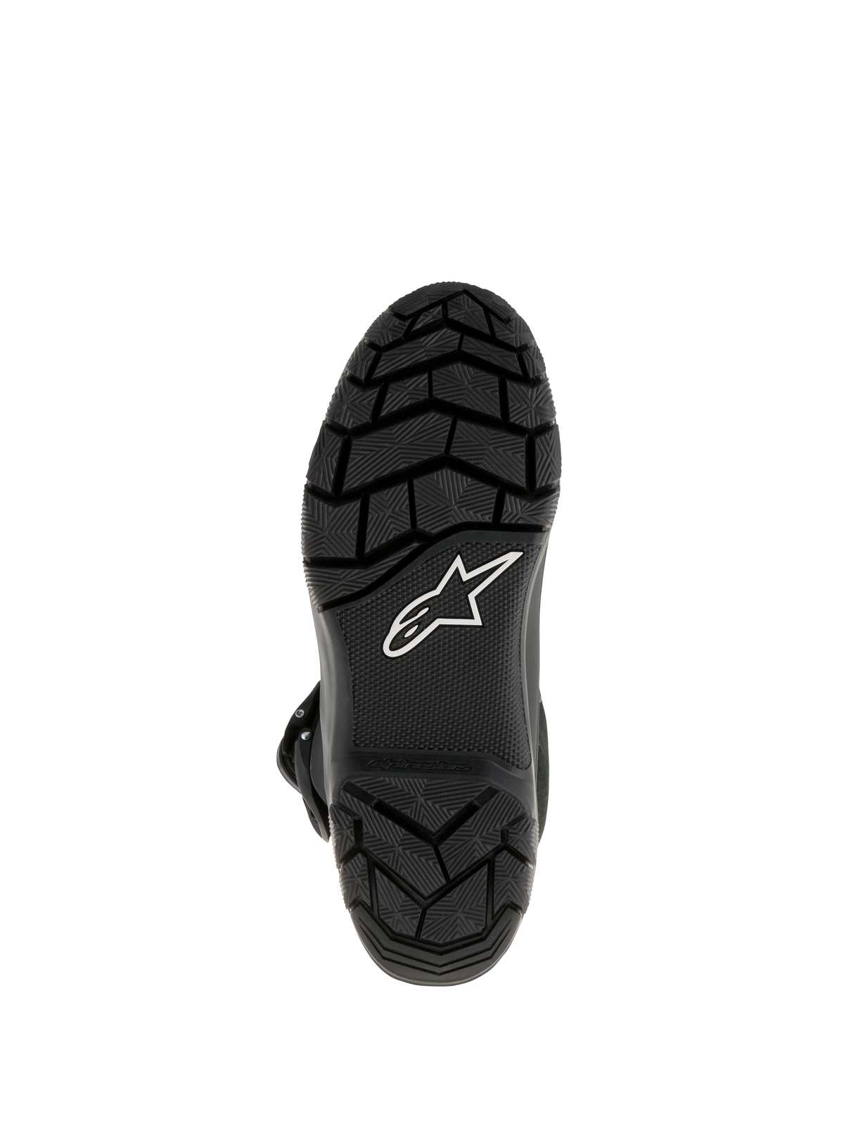 Botas Alpinestars Belize Drystar®, botas de moto Adventure Touring, vista inferior que muestra la suela de caucho vulcanizado negro con dibujo de tacos para un agarre superior y el logotipo de la estrella de Alpinestars en blanco