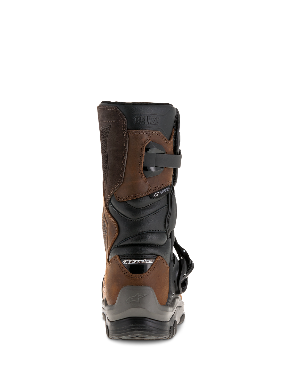 Botas Alpinestars Belize Drystar®, vista trasera, marrón aceitado y negro, botas de moto impermeables para turismo de aventura con diseño de caña corta, logotipo 'BELIZE' grabado y protector de talón resistente.