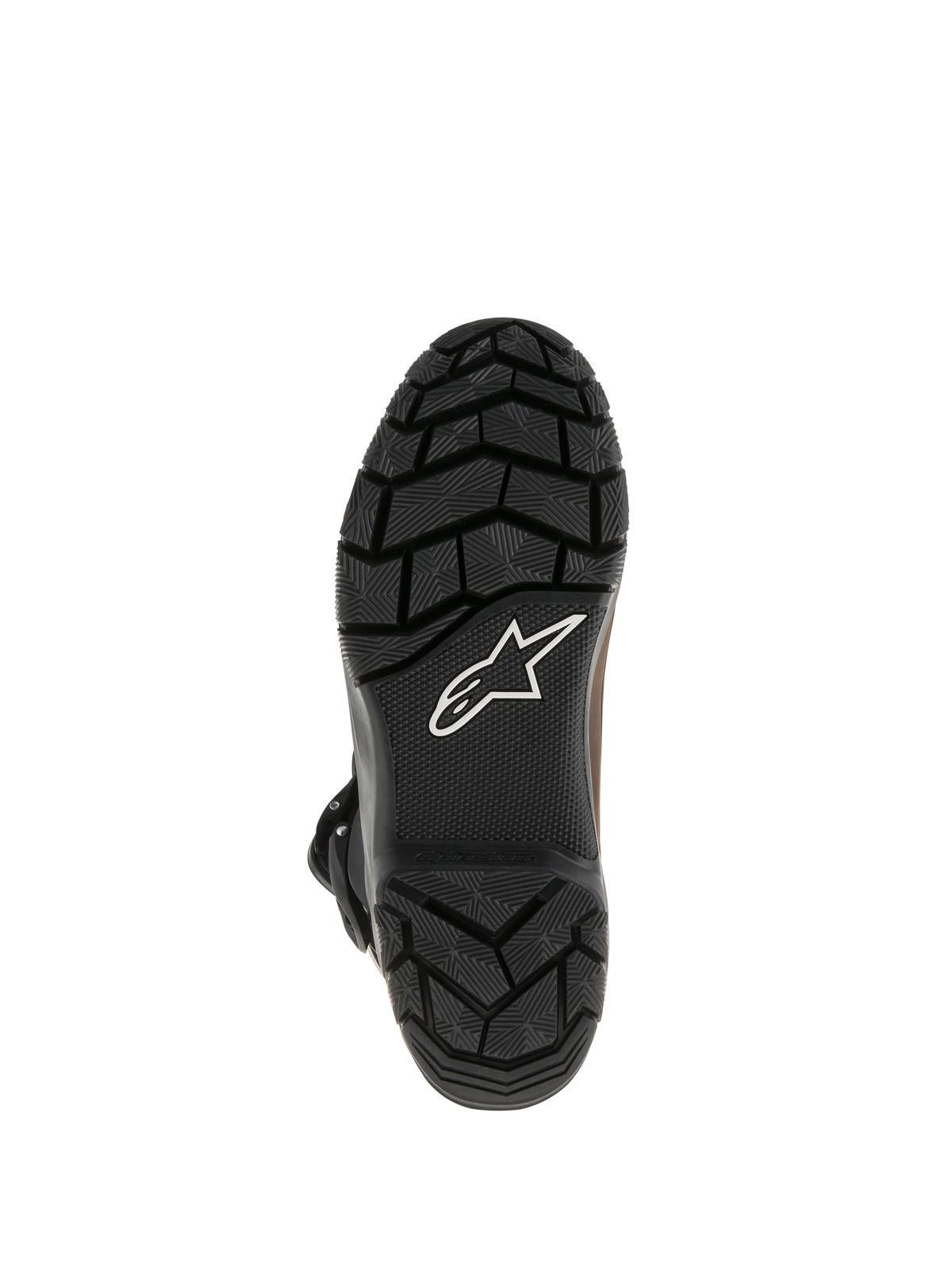 Botas Alpinestars Belize Drystar®, suela de caucho vulcanizado negro con patrón de dibujo de textura robusta, con el logotipo de la estrella de Alpinestars en blanco, diseño de agarre duradero para turismo de aventura