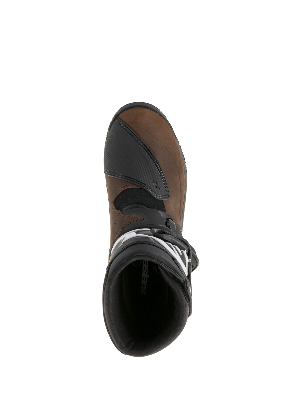 Botas Alpinestars Belize Drystar®, marrón aceitado y negro, vista superior que muestra el forro interior y el protector de cambio texturizado, botas de cuero para motociclismo de turismo de aventura