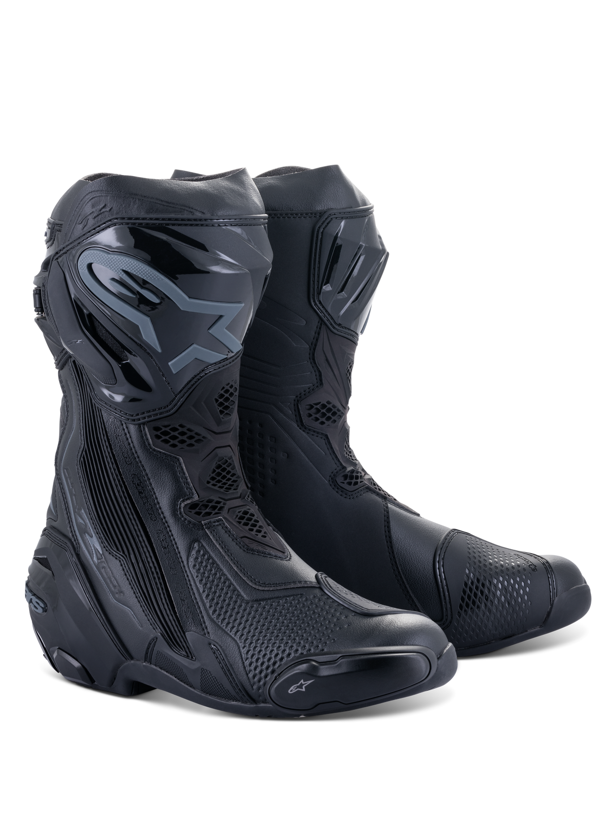 Botas Alpinestars Supertech R, botas de carreras para moto, color negro sobre negro, con placas de espinilla protectoras de TPU, deslizadores reemplazables y un diseño aerodinámico de alto rendimiento para carretera y circuito.