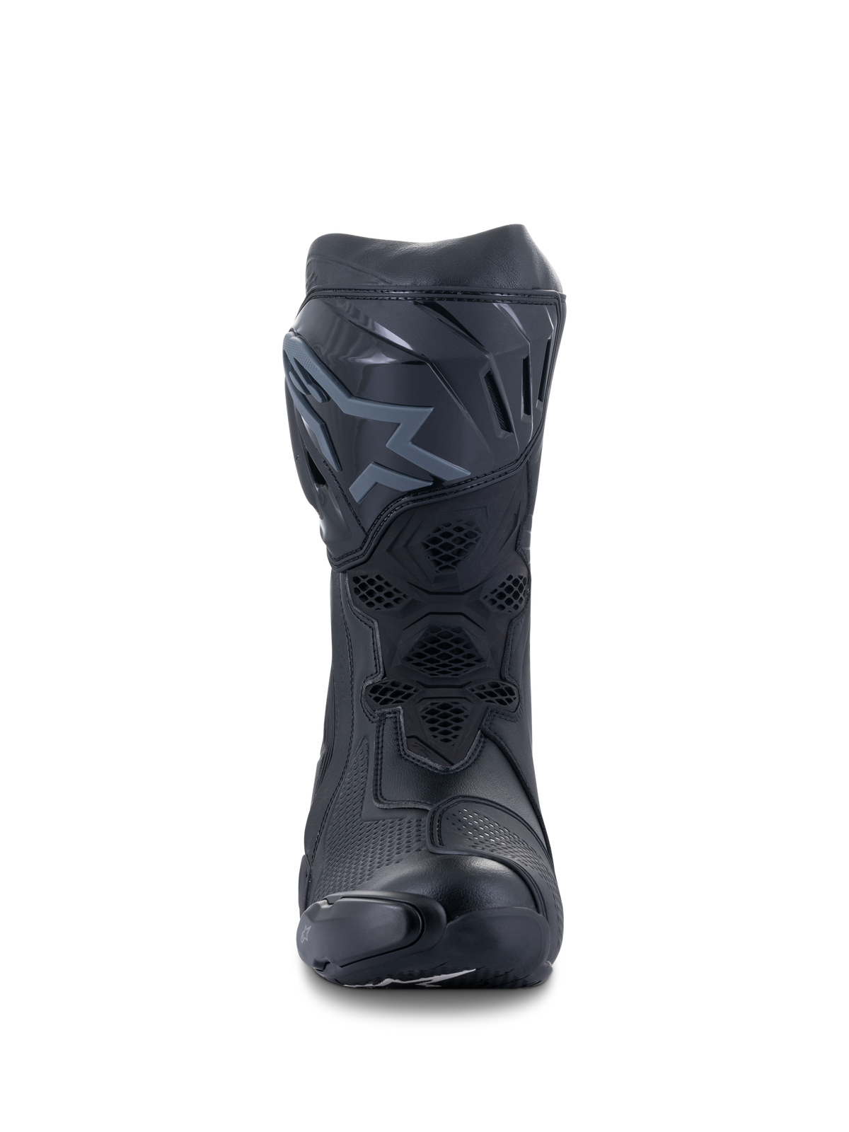 Botas Alpinestars Supertech R, botas de carreras para moto, negro y negro, vista frontal que muestra la placa de espinilla de TPU con logotipo, paneles de ventilación de malla y construcción protectora aerodinámica
