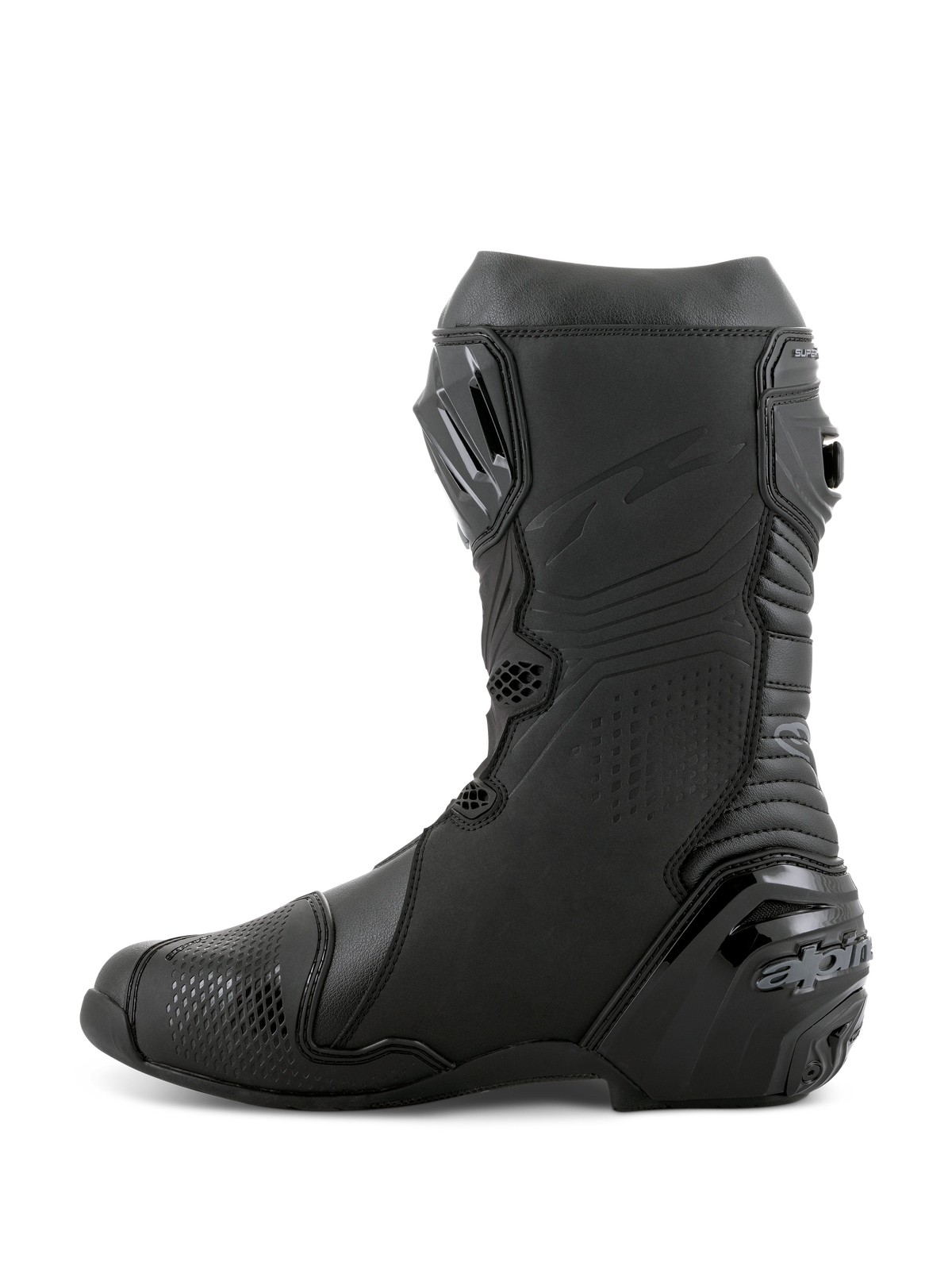 Botas Alpinestars Supertech R, botas de motociclismo de competición, color negro, vista de perfil lateral con espinillera de TPU, protector de talón reforzado y zonas de flexión en acordeón para un movimiento natural, calzado de alto rendimiento para pista y calle profesional