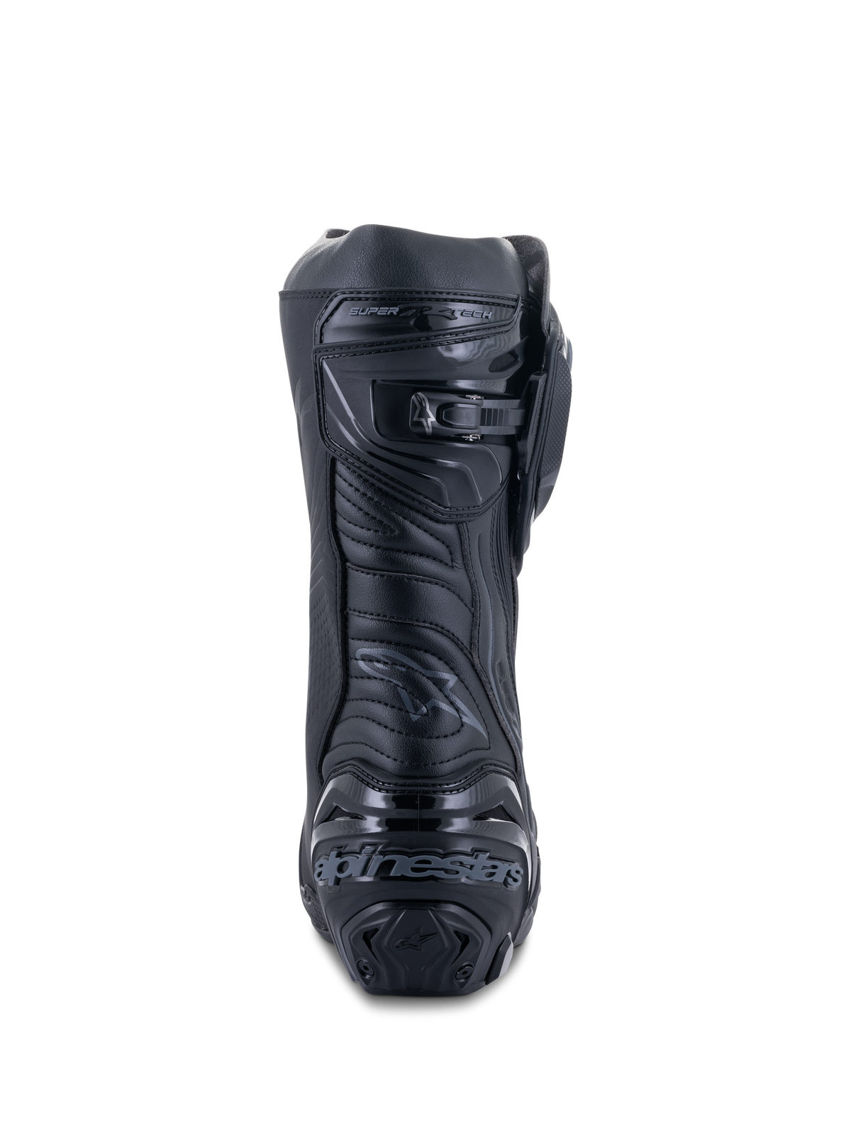 Botas Alpinestars Supertech R, Negro Negro, vista trasera que muestra la placa reforzada del talón con la marca, cierre de trinquete microajustable en la pantorrilla y zona flexible del Aquiles, calzado profesional de motociclismo para competición