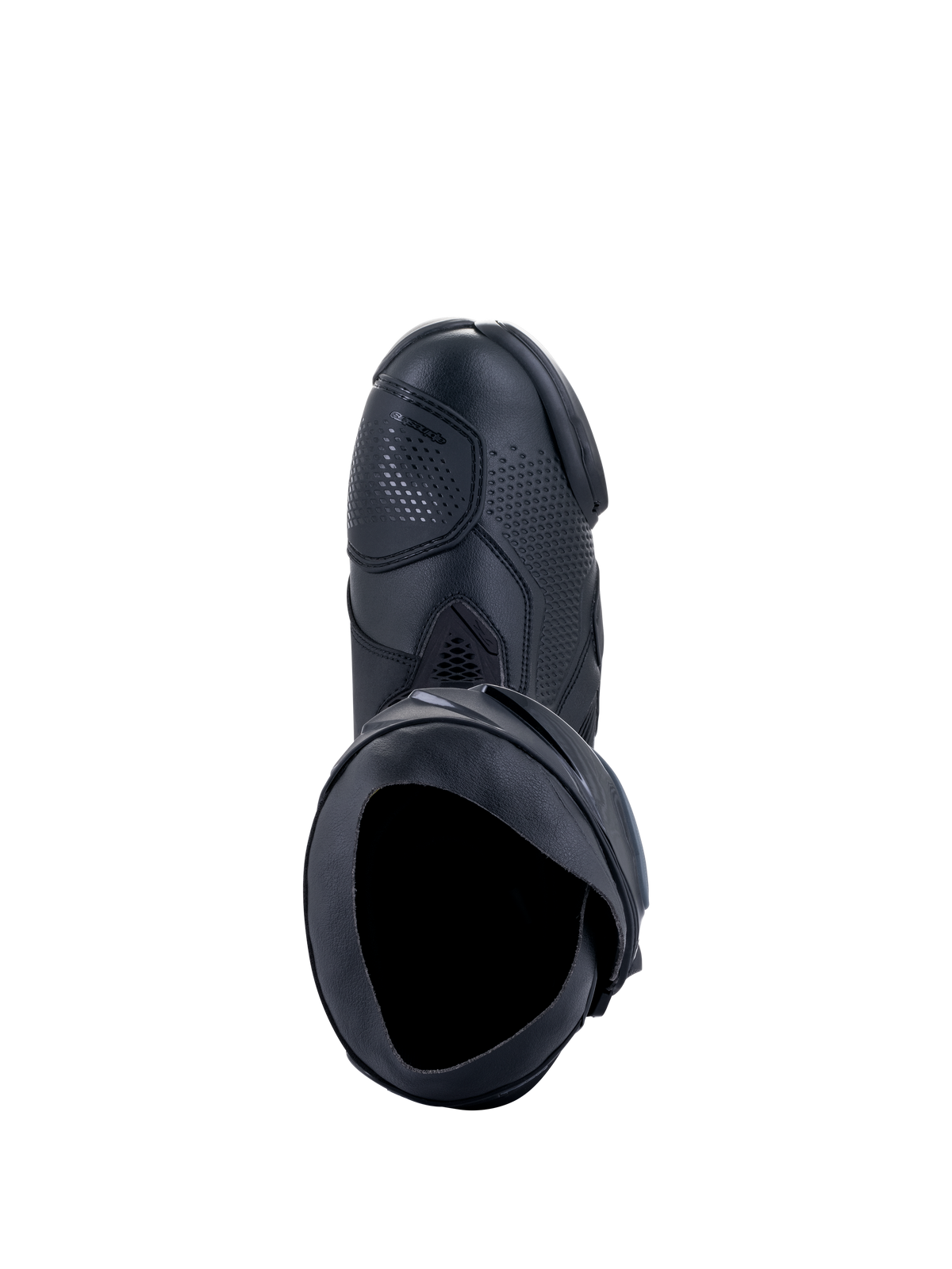 Botas Alpinestars Supertech R, botas de competición para motociclismo, color negro, vista desde arriba que muestra la apertura interna, el protector de cambio y la parte superior sintética texturizada, diseño de calzado profesional de carreras