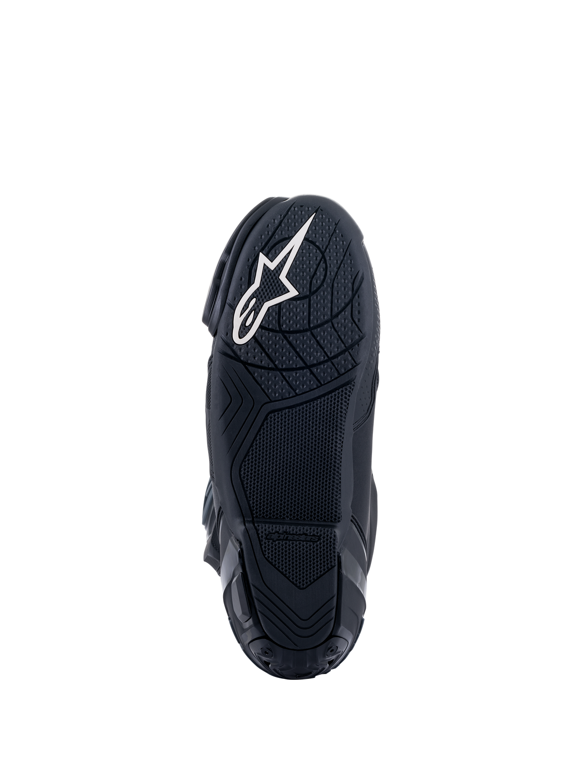 Botas Alpinestars Supertech R, botas de motociclismo de competición, negras, vista inferior de la suela de compuesto de goma con patrones de agarre texturizados, con el logotipo de la estrella de Alpinestars en blanco en el talón