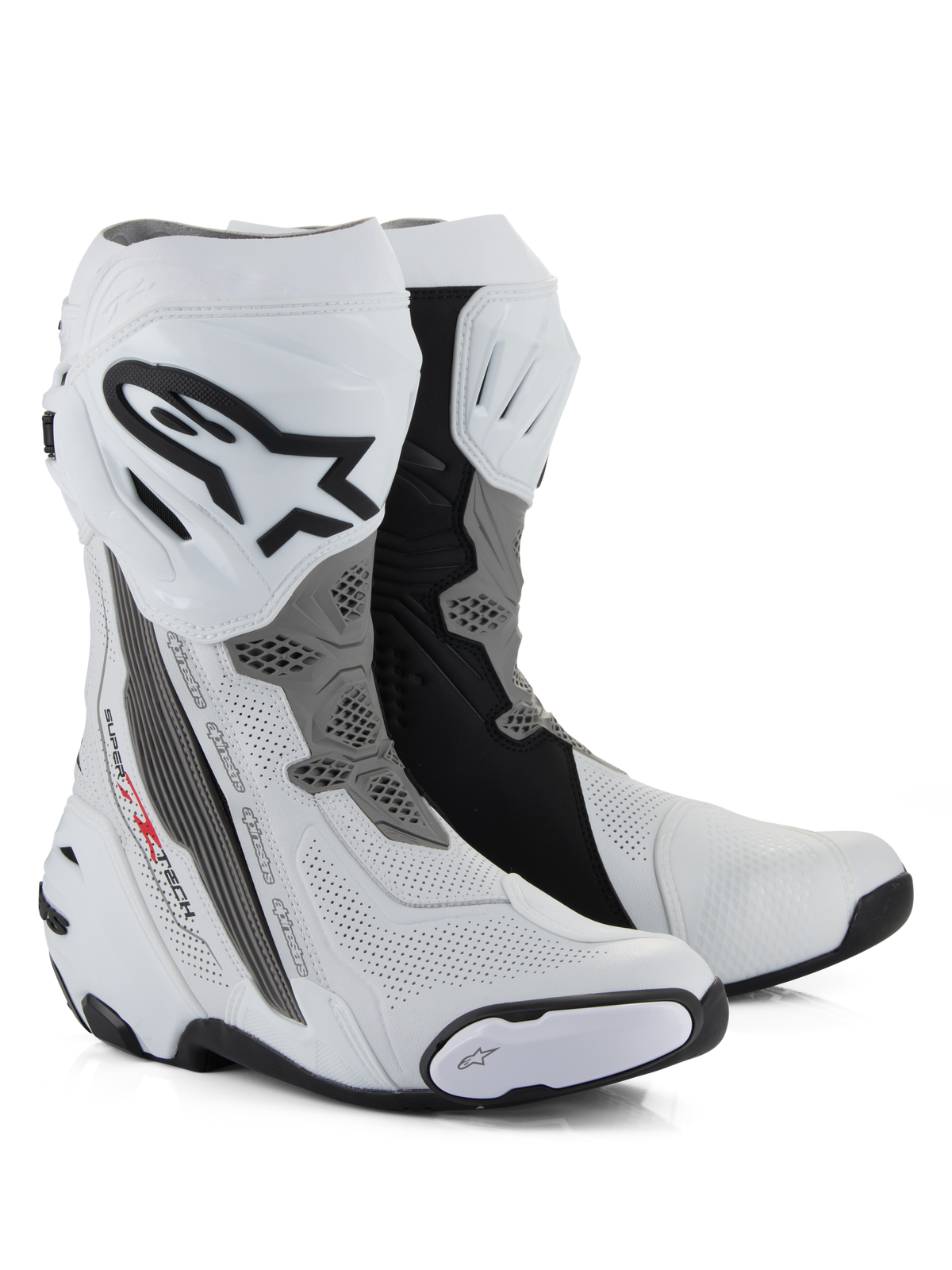Botas Alpinestars Supertech R Vented, botas de moto de competición, blanco, gris medio y negro, con construcción de microfibra perforada para el flujo de aire, espinillera de TPU con el logotipo de Alpinestars y deslizaderas reemplazables, diseño profesional para circuito