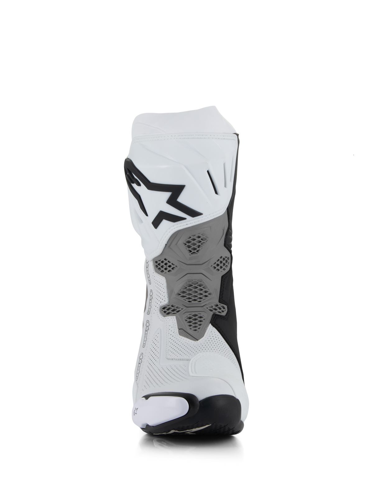 Botas Alpinestars Supertech R Vented, blanco, gris medio y negro, vista trasera que muestra la construcción de microfibra perforada, placa de talón gris rediseñada con textura de panal, logotipo negro en la parte superior de la pantorrilla, calzado profesional de motociclismo para competición y deporte