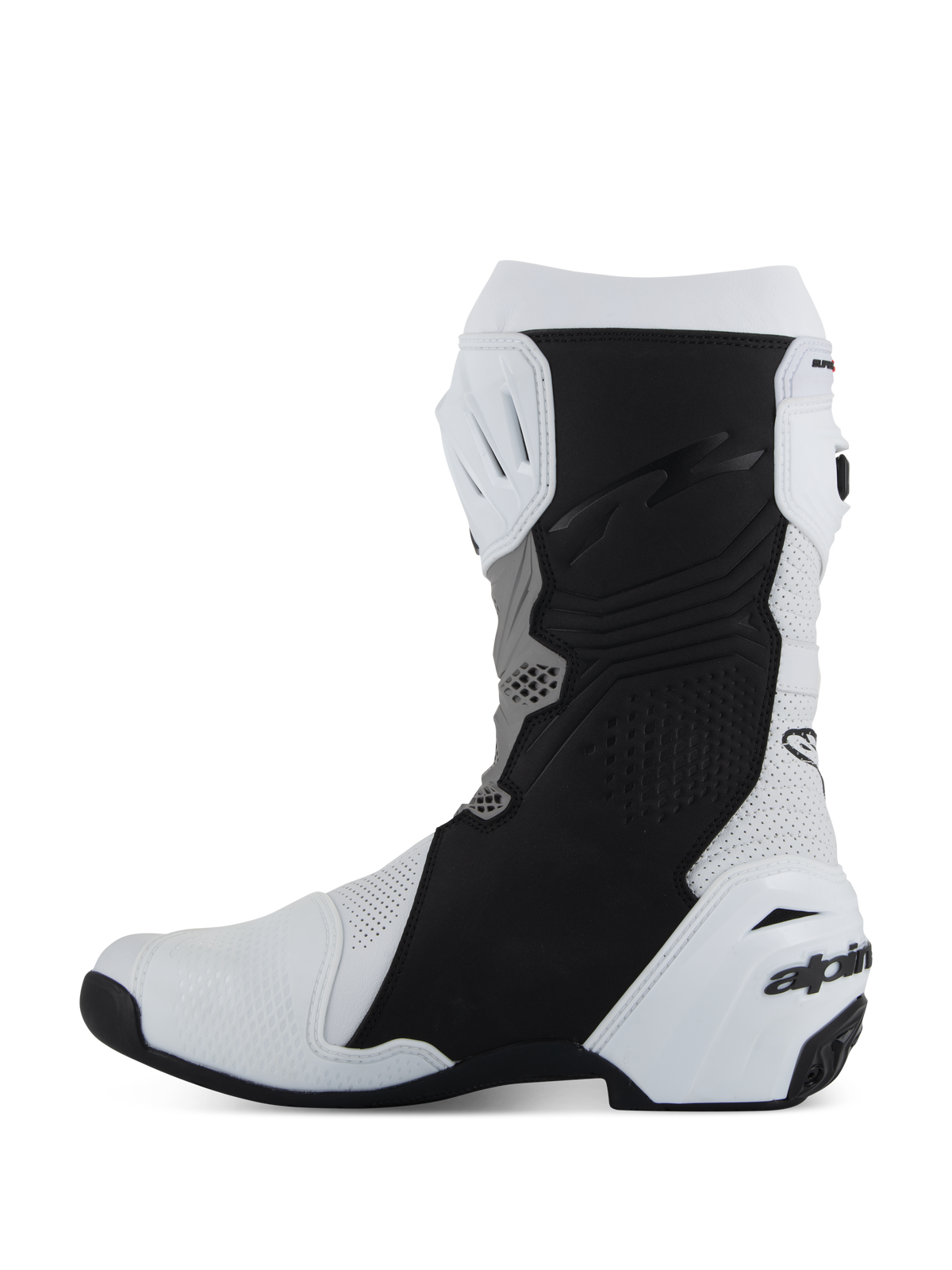 Botas Alpinestars Supertech R Vented, calzado de moto de competición/deportivo, blanco, gris medio y negro, vista de perfil del lado medial con microfibra perforada para el flujo de aire, paneles de agarre protectores negros y contrafuerte del talón de TPU blanco con el logotipo de la marca.