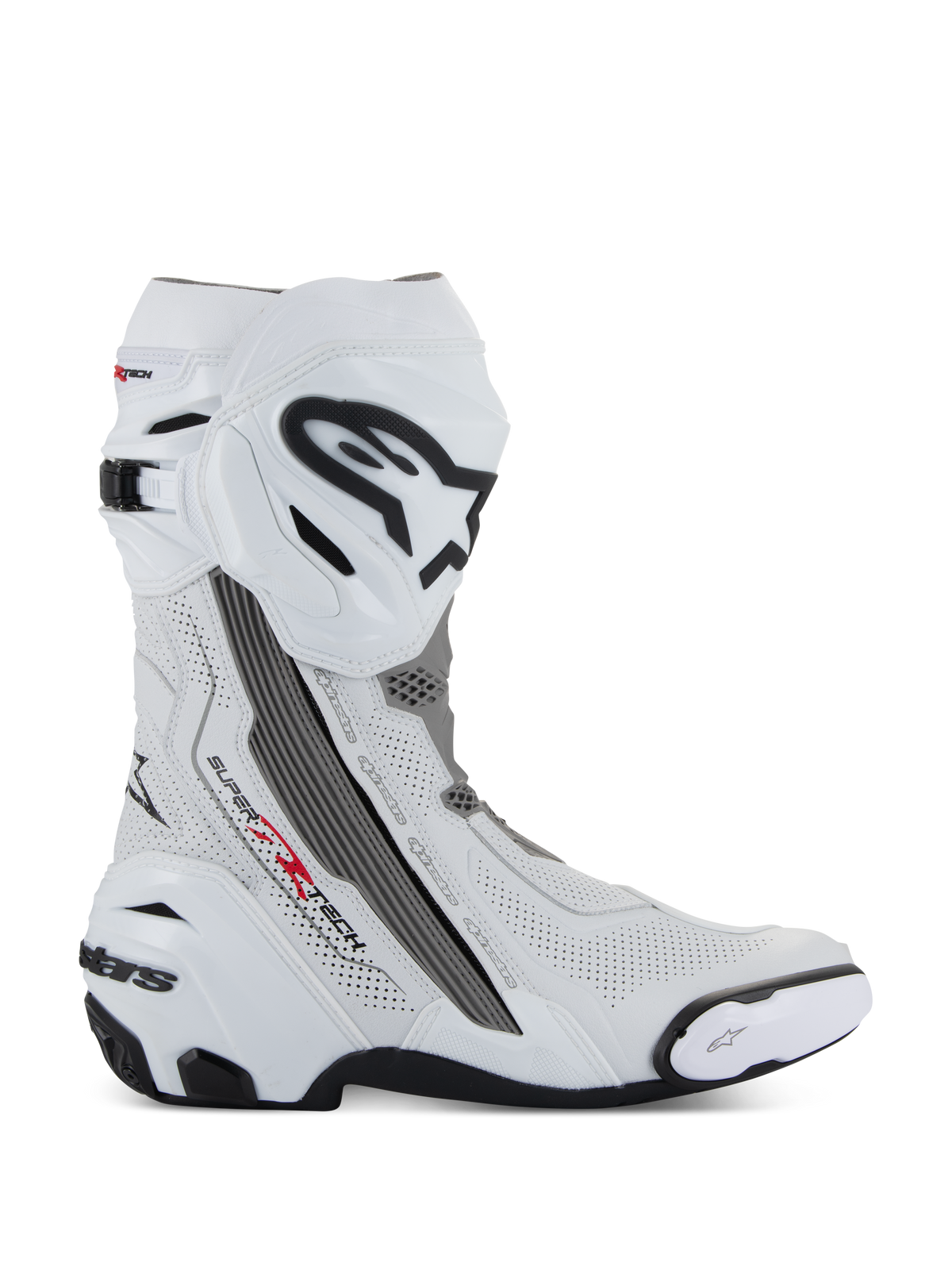 Alpinestars Supertech R Vented, botas de motociclismo para carreras, blancas con detalles en gris medio y negro, vista de perfil lateral con paneles de microfibra perforados para ventilación, logotipo grande de Alpinestars en la espinilla, diseño aerodinámico con deslizadores reemplazables y suela de goma negra