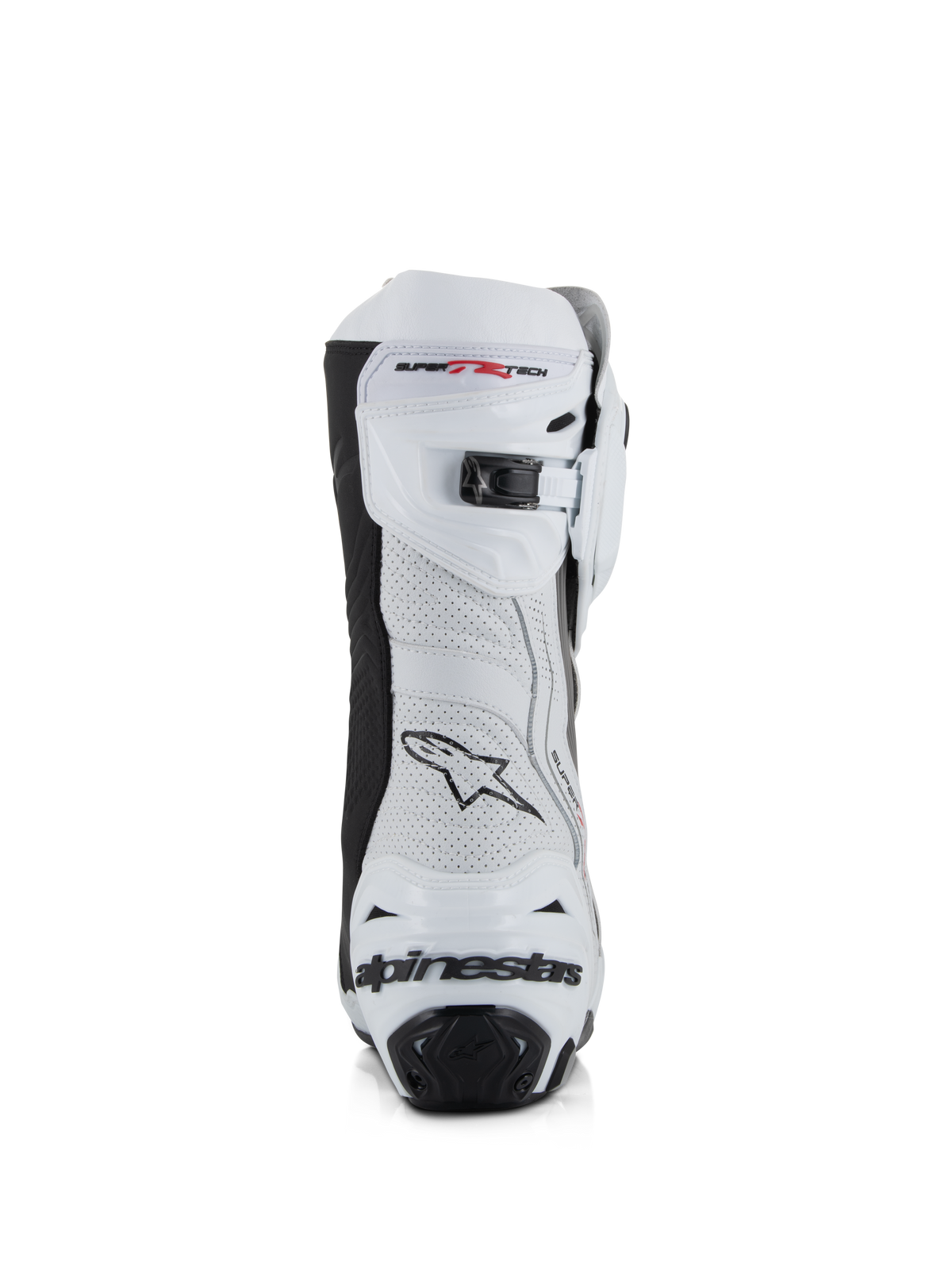 Botas Alpinestars Supertech R Vented, blanco, gris medio y negro, vista trasera con parte superior de microfibra perforada, cierre de trinquete microajustable en la parte superior y protección de talón integrada con el logotipo de Alpinestars.