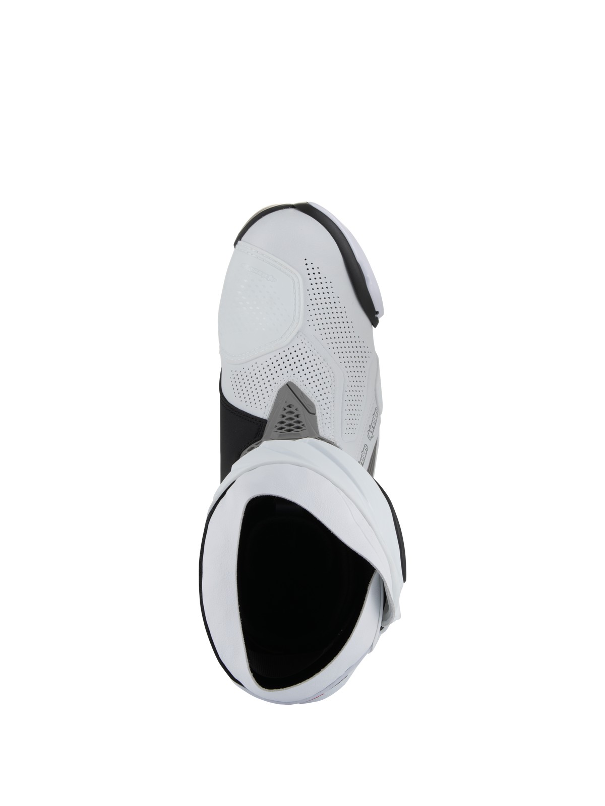 Botas Alpinestars Supertech R Ventiladas, botas de competición para moto, blanco, gris medio y negro, vista cenital desde arriba hacia el interior de la apertura de la bota, con construcción de microfibra perforada y un diseño de carreras estilizado