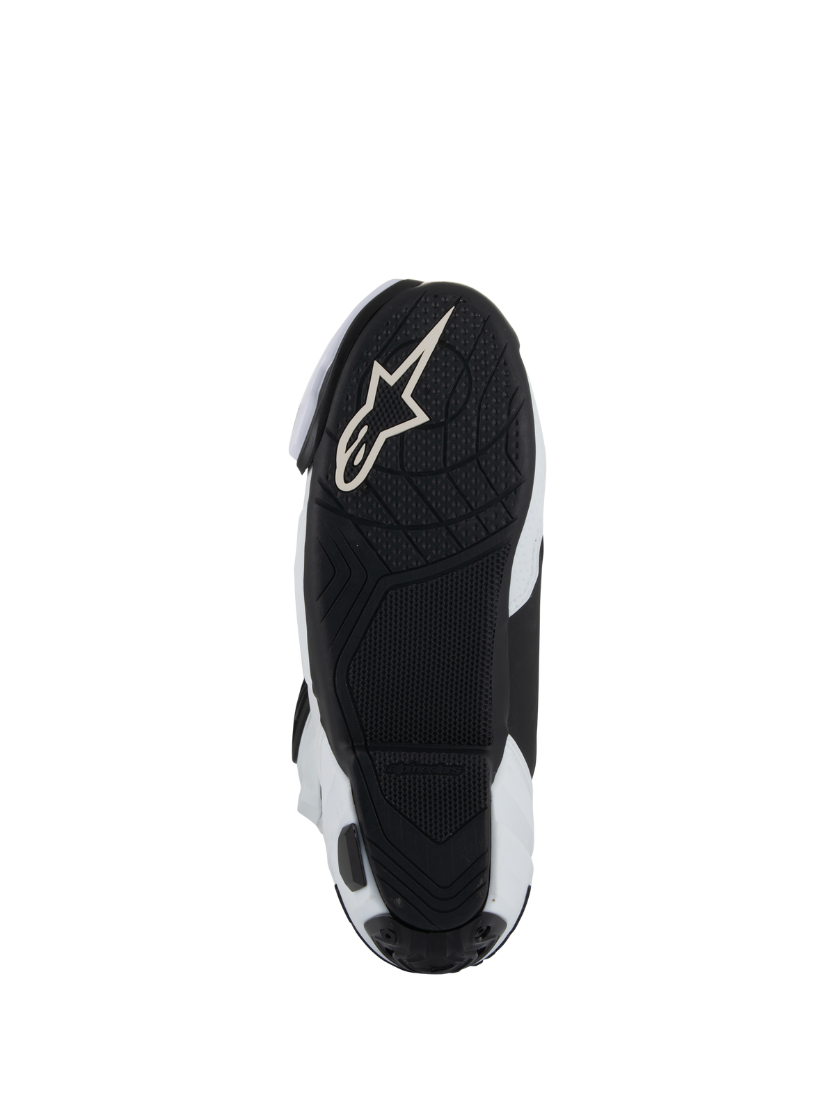 Suela de las botas Alpinestars Supertech R Vented, suela de goma ligera negra con dibujo texturizado para mayor agarre en los estribos, con el logotipo Alpinestars Astar en blanco, combinación de colores blanco y negro