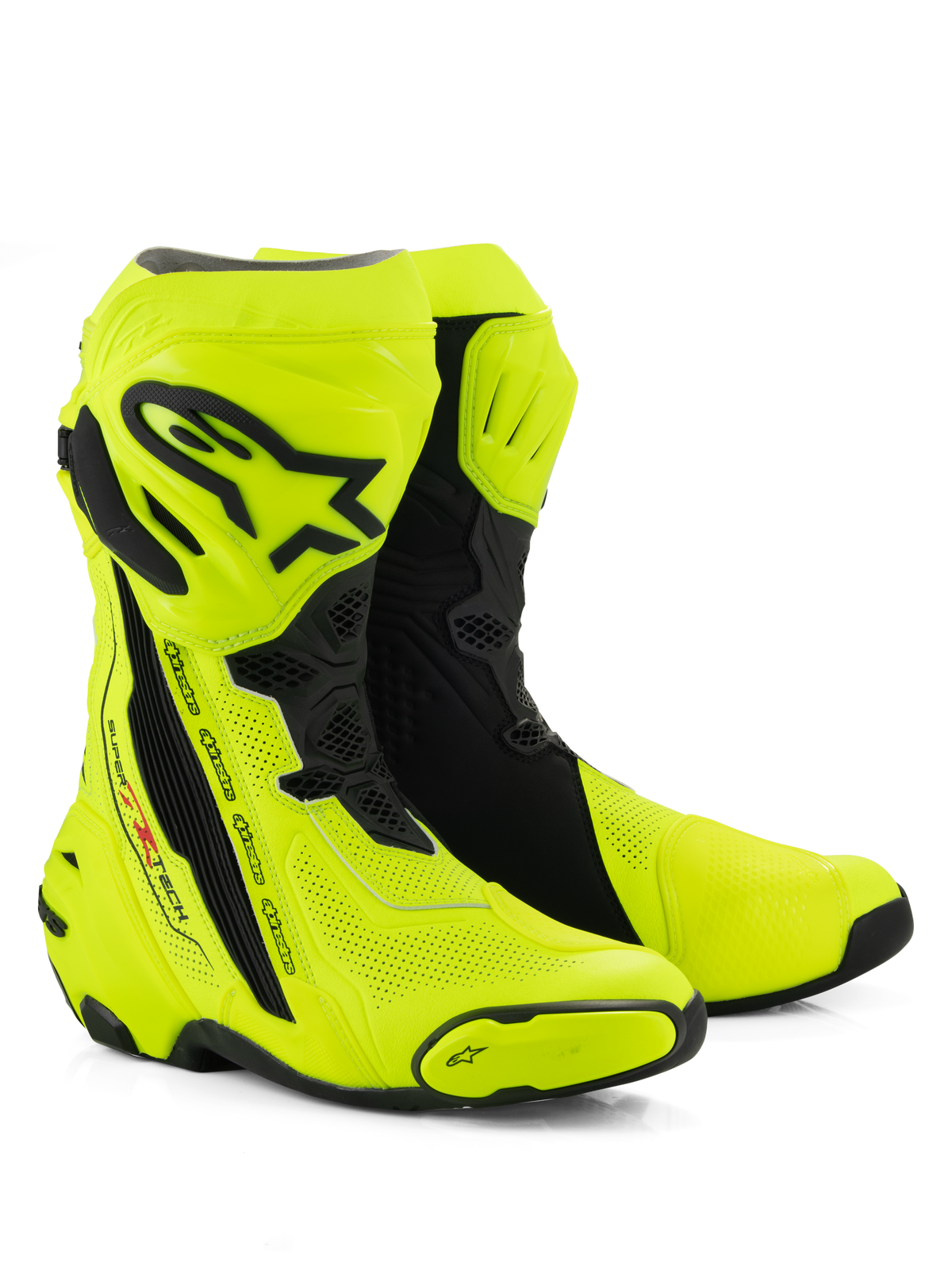 Botas Alpinestars Supertech R Vented, botas de carreras para moto, amarillo flúor y negro, con amplias perforaciones para el flujo de aire, placa de espinilla y protectores de talón de TPU negro, y un perfil aerodinámico para uso en pista y carretera de alto rendimiento.