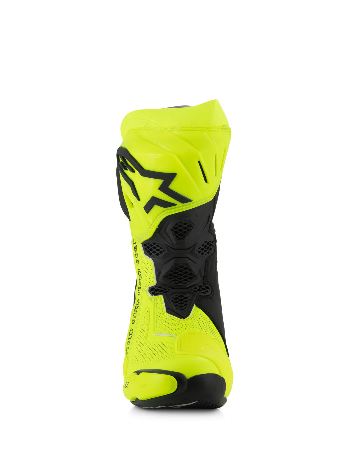 Botas Alpinestars Supertech R Vented, botas de competición para motociclismo, amarillo flúor y negro, vista frontal con microfibra perforada, placa de espinilla de TPU con logotipo de estrella negra y malla de ventilación para un flujo de aire máximo.