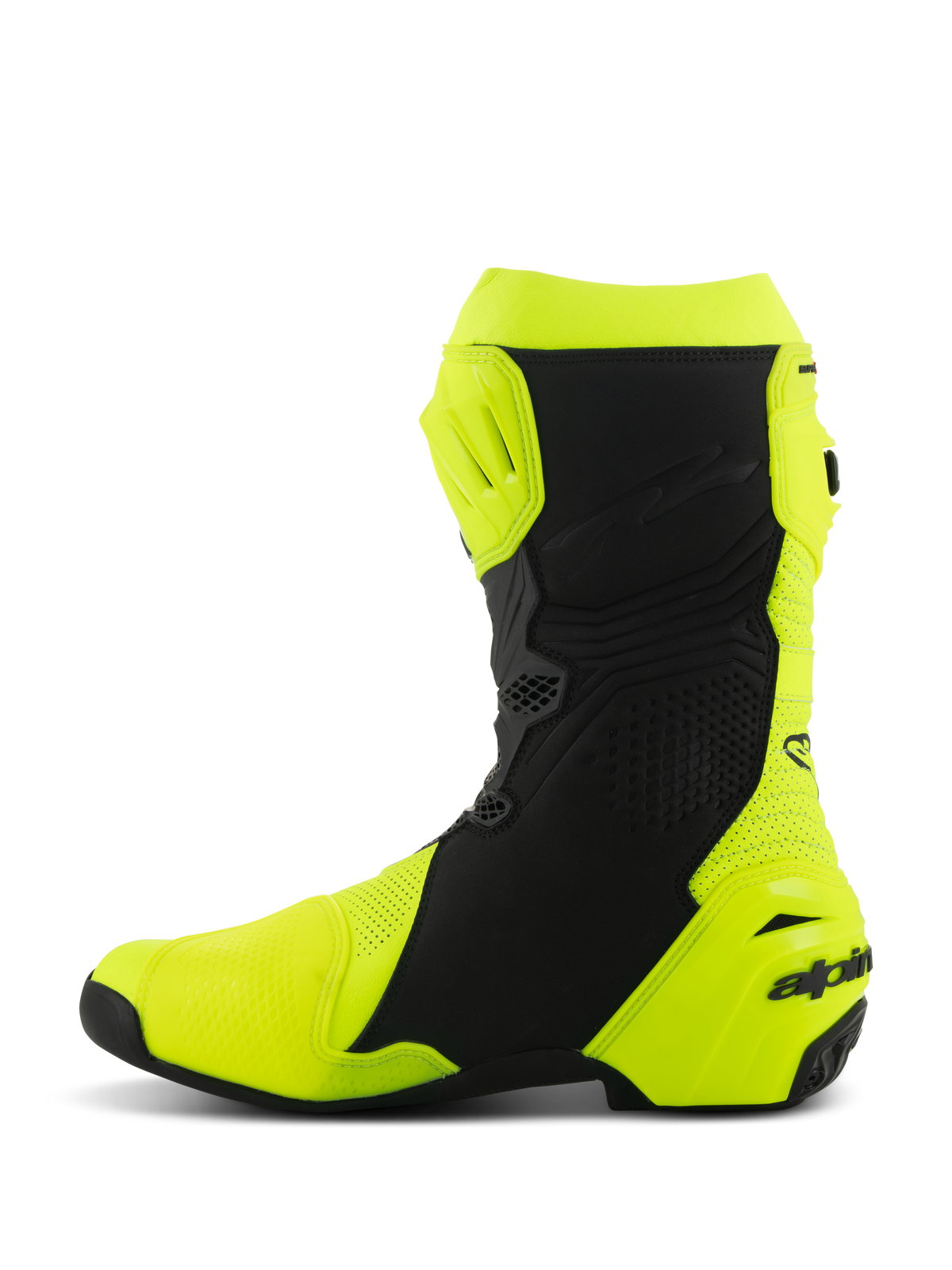 Botas Alpinestars Supertech R Vented, botas de motociclismo para competición profesional, amarillo flúor y negro, perfil del lado medial, construcción de microfibra perforada para un alto flujo de aire, placas de protección de TPU en espinilla y talón, diseño aerodinámico elegante para conducción en pista competitiva