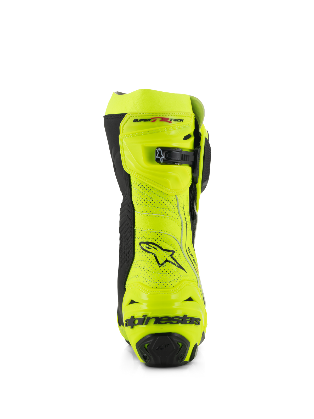 Botas Alpinestars Supertech R Vented, vista trasera, amarillo flúor y negro, con construcción de microfibra perforada, cierre de trinquete microajustable en la parte superior y logotipo de Alpinestars en negro en el talón, calzado de competición profesional