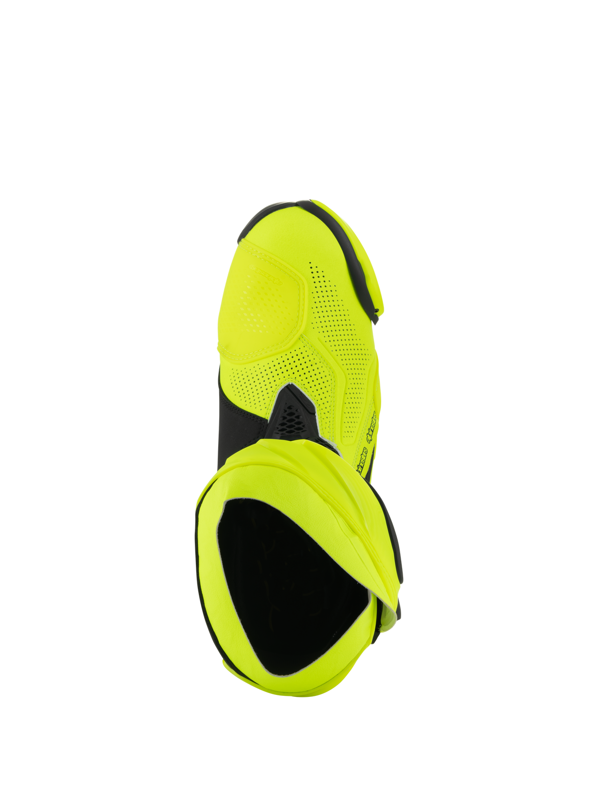 Botas Alpinestars Supertech R Vented, botas de motociclismo de competición, Amarillo Fluo y Negro, vista superior que muestra las extensas perforaciones láser y la abertura del botín interno.