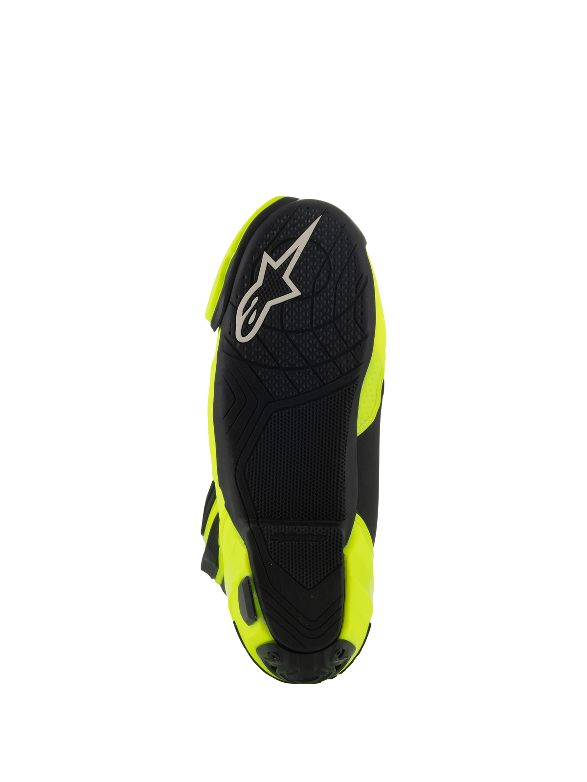 Botas Alpinestars Supertech R Vented, vista inferior que muestra la suela de goma negra, patrón de agarre texturizado para estriberas, logotipo A-star blanco, bota de carreras para moto en amarillo fluo y negro