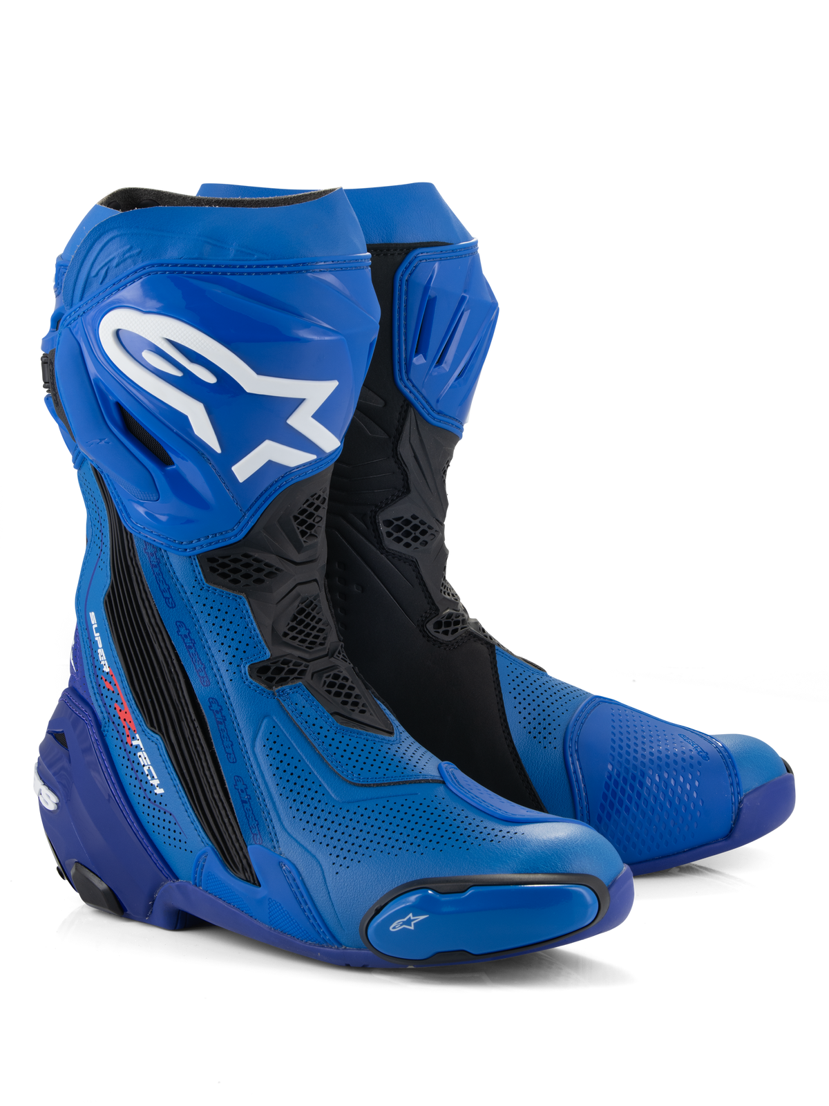 Botas Alpinestars Supertech R Vented, botas de carreras para moto, azul y negro, con microfibra perforada para el flujo de aire, logotipo blanco de Alpinestars en la espinilla, placas protectoras y deslizadores de TPU, diseño profesional listo para la pista
